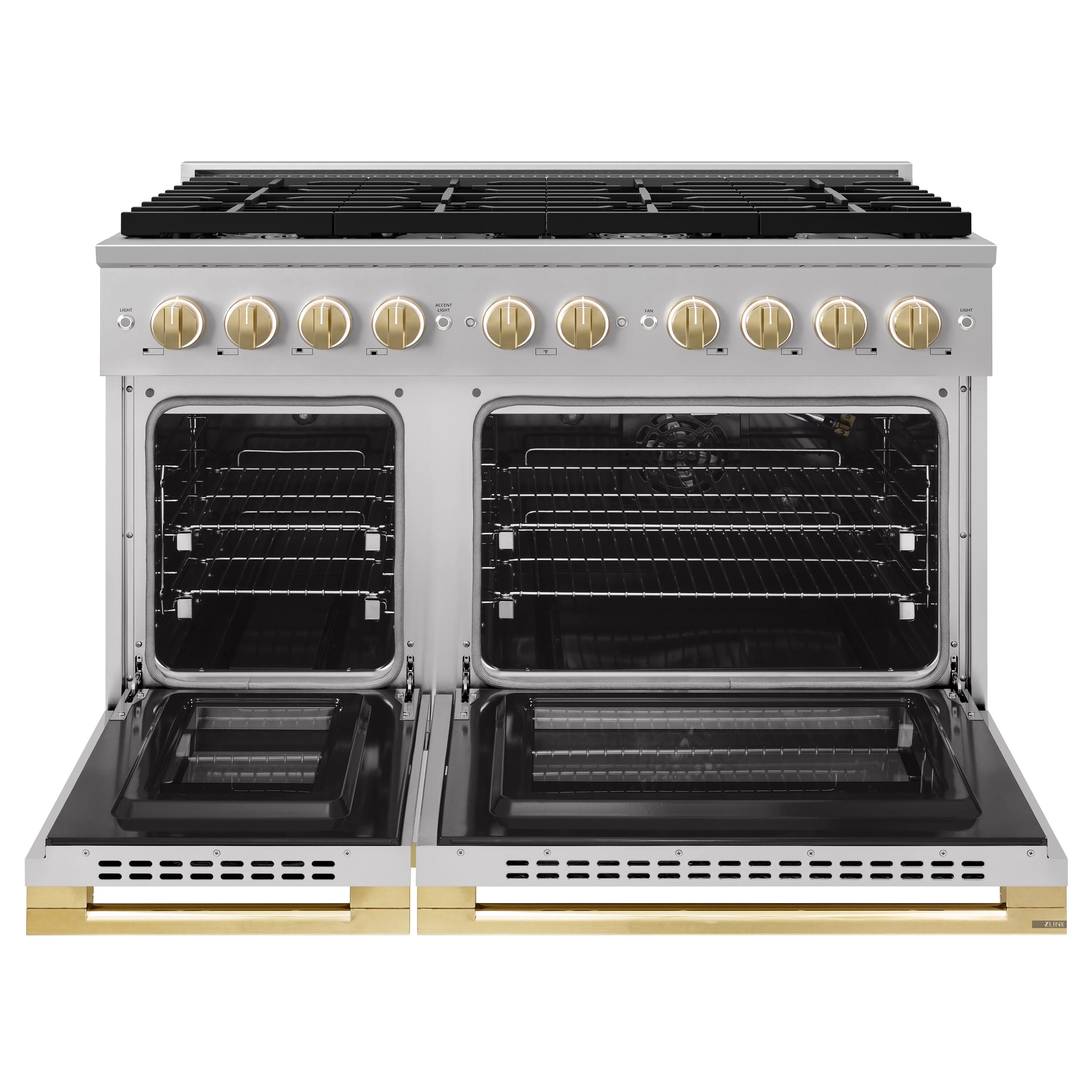 Angle. ZLINE - Autograph 48 in. 6.7 cu. ft. Marino Freestanding Double Oven Gas Range with 8 Burners and Polished Gold Accents - Stainless Steel.