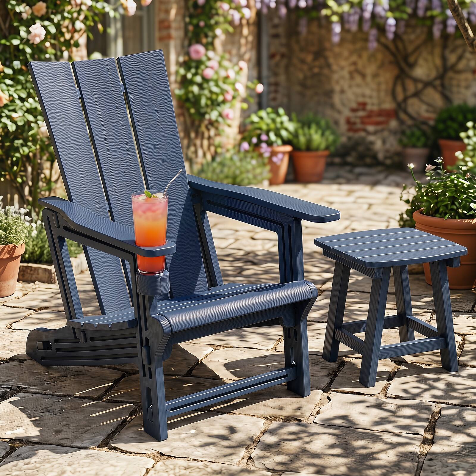 Alt View 3. Gymax - Gymax 2PCS Adirondack Chair w/Cup Holder All-Weather HDPE Plastic Outdoor Patio Chair - Blue.