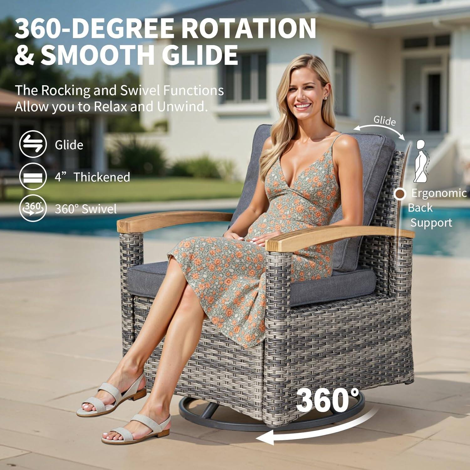 360-Degree Rotation & Smooth Glide  
The Rocking and Swivel Functions Allow you to Relax and Unwind.  

- Glide  
- 4" Thickened  
- 360° Swivel  
- Ergonomic Back Support