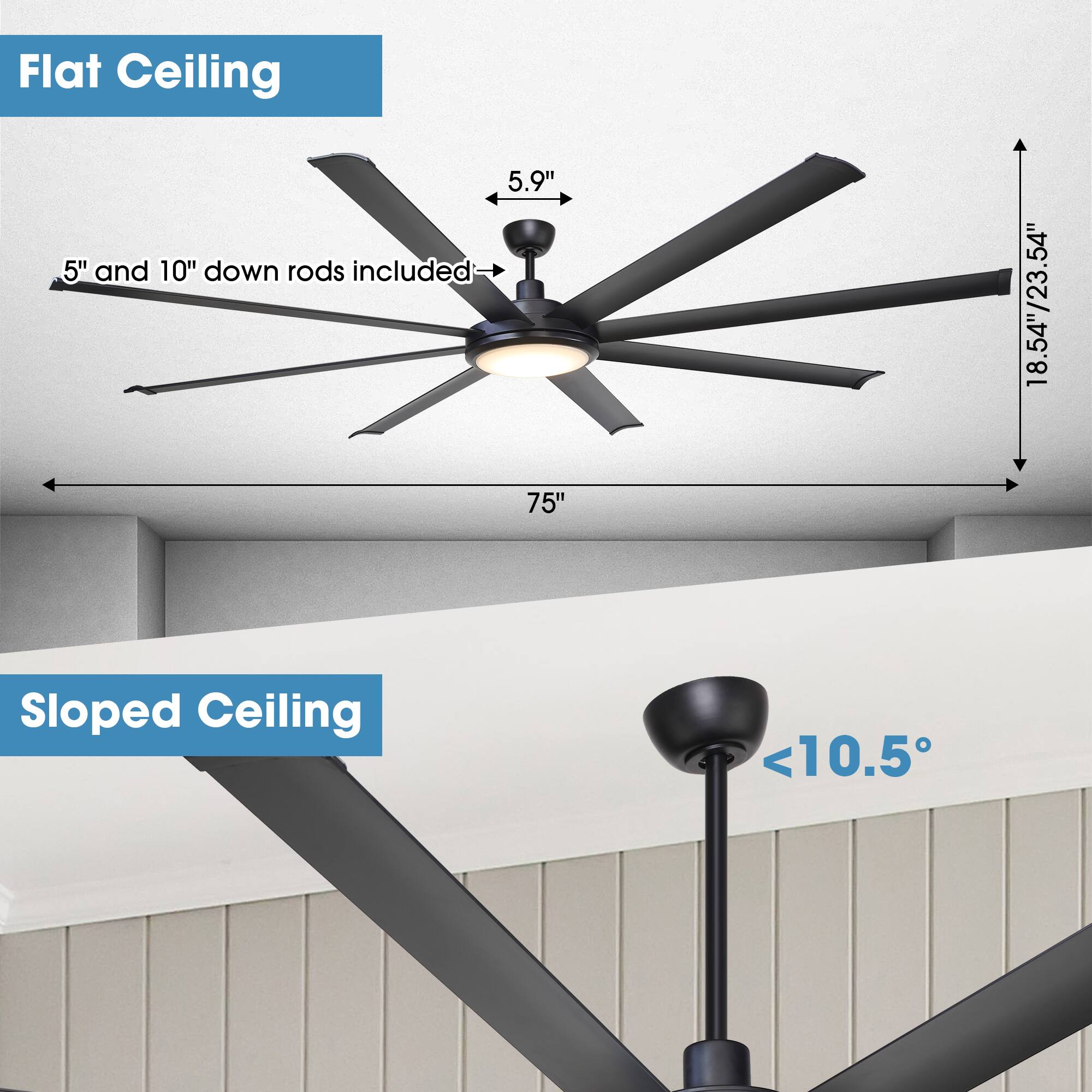 Flat Ceiling  
5.9"  
5" and 10" down rods included  
54"/23.54"  
75"  
Sloped Ceiling  
10.5°