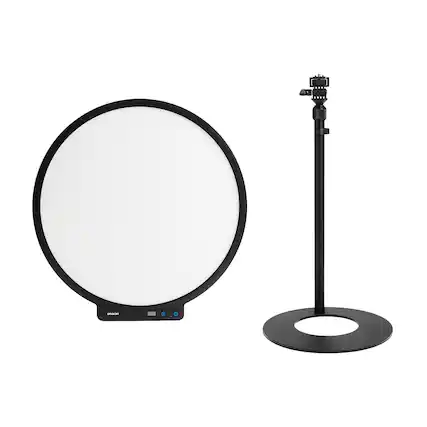 Front. Amaran - amaran Verge Max 22" 60W Bi-Color Circular LED Light Panel, Charcoal, with Base Stand.