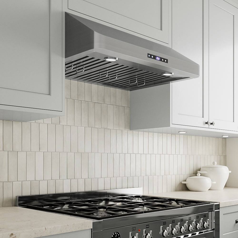 Back. Streamline - 30 in. Montecreto Ductless Undermount 406 CFM Range Hood, Baffle Filters, Touchpad Control, LED Lights - Brushed Stainless Steel.