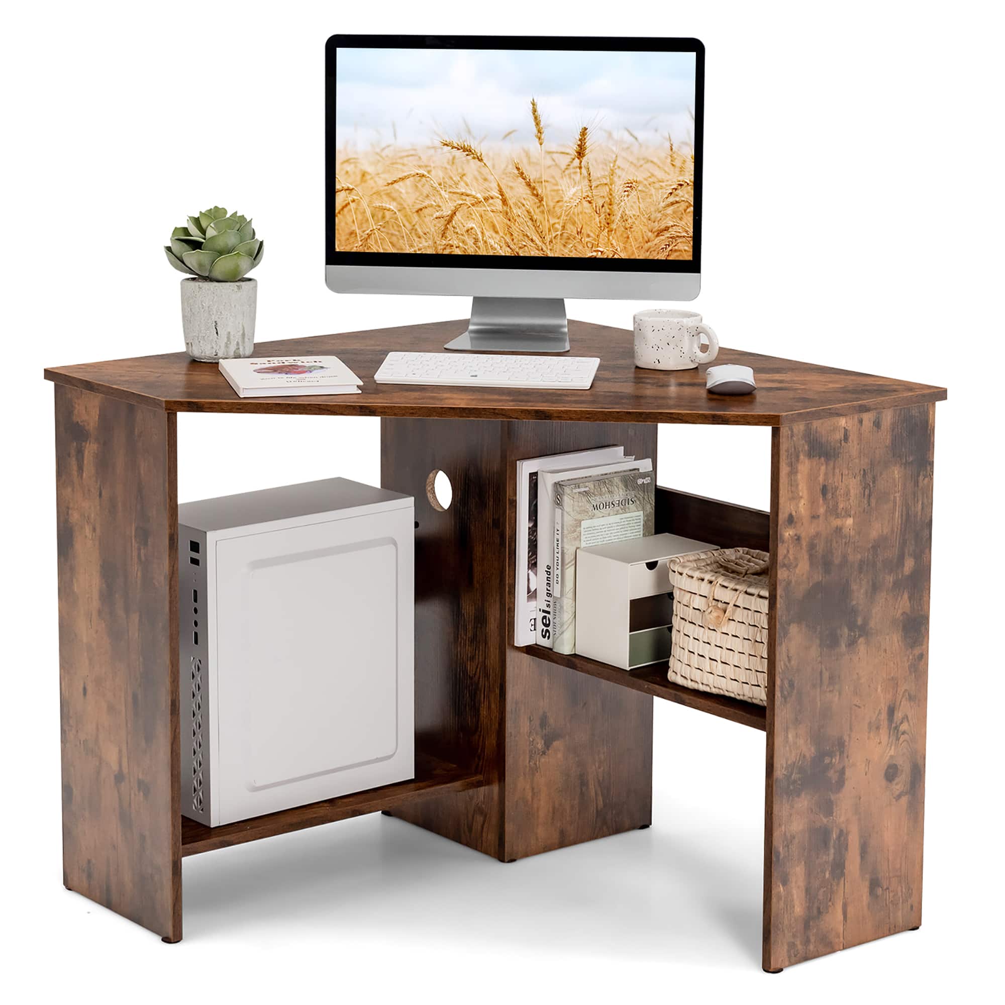 The image shows a wooden desk with a computer monitor, keyboard, and mouse. There is also a cup and a potted plant on the desk. The desk has a drawer and a shelf, and a basket is placed on the shelf. The computer monitor displays a picture of wheat.
