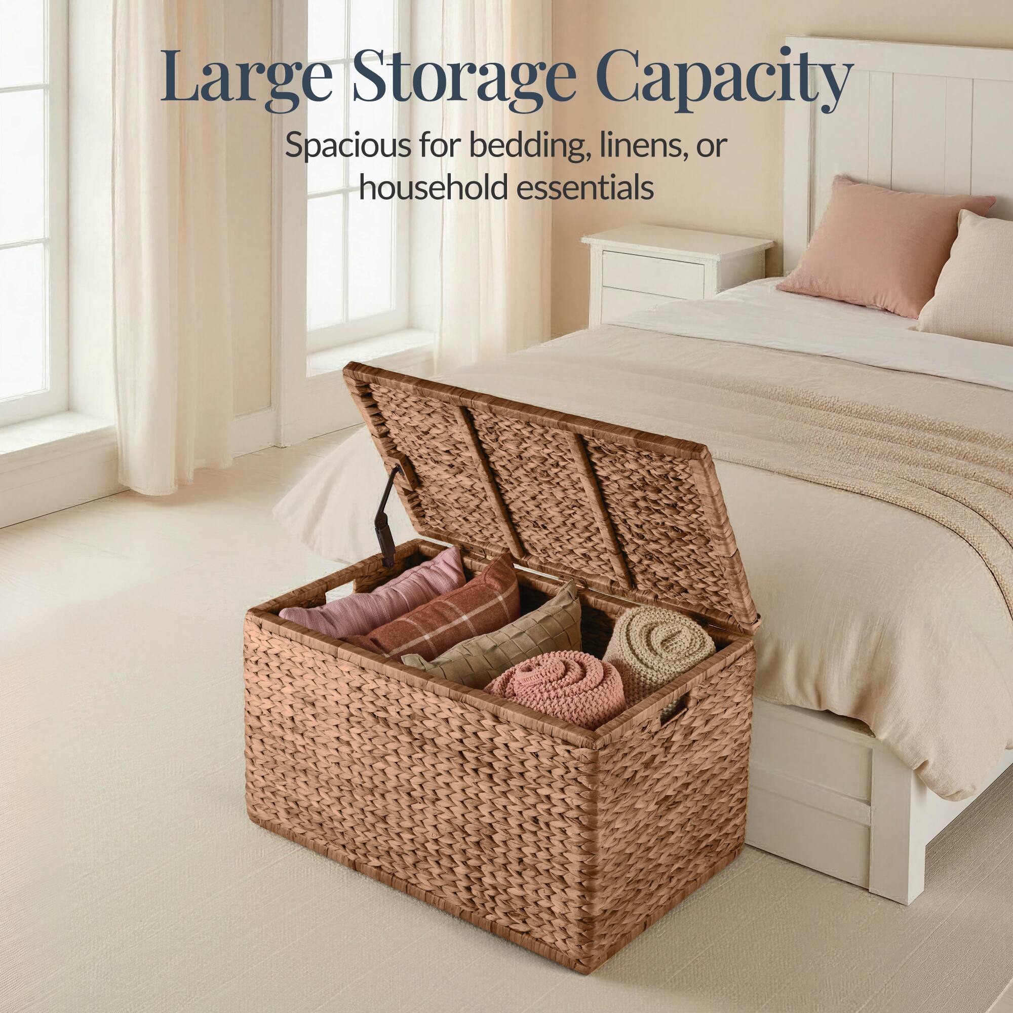Large Storage Capacity  
Spacious for bedding, linens, or household essentials