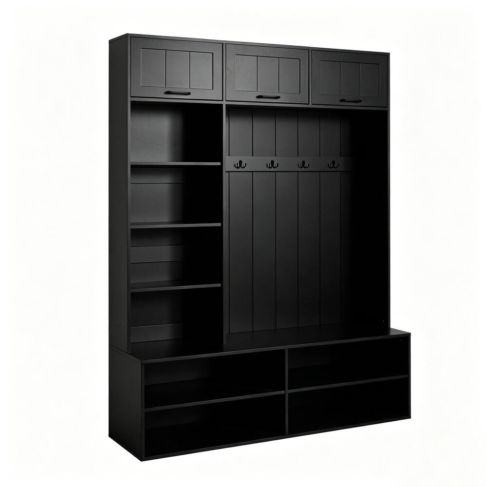 Alt View 8. Loheer - Loheer 5-in-1 entryway bench with coat rack, farmhouse hall tree with bench and shoe storage, 76.9 inch tall, Black - Black.