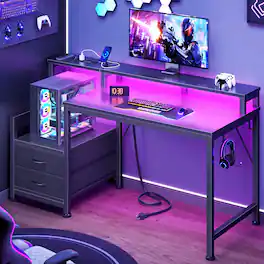 Furnulem - Computer Desk With Drawers Power Outlet Gaming Desk With Storage Shelves for Home Office Desk - Black