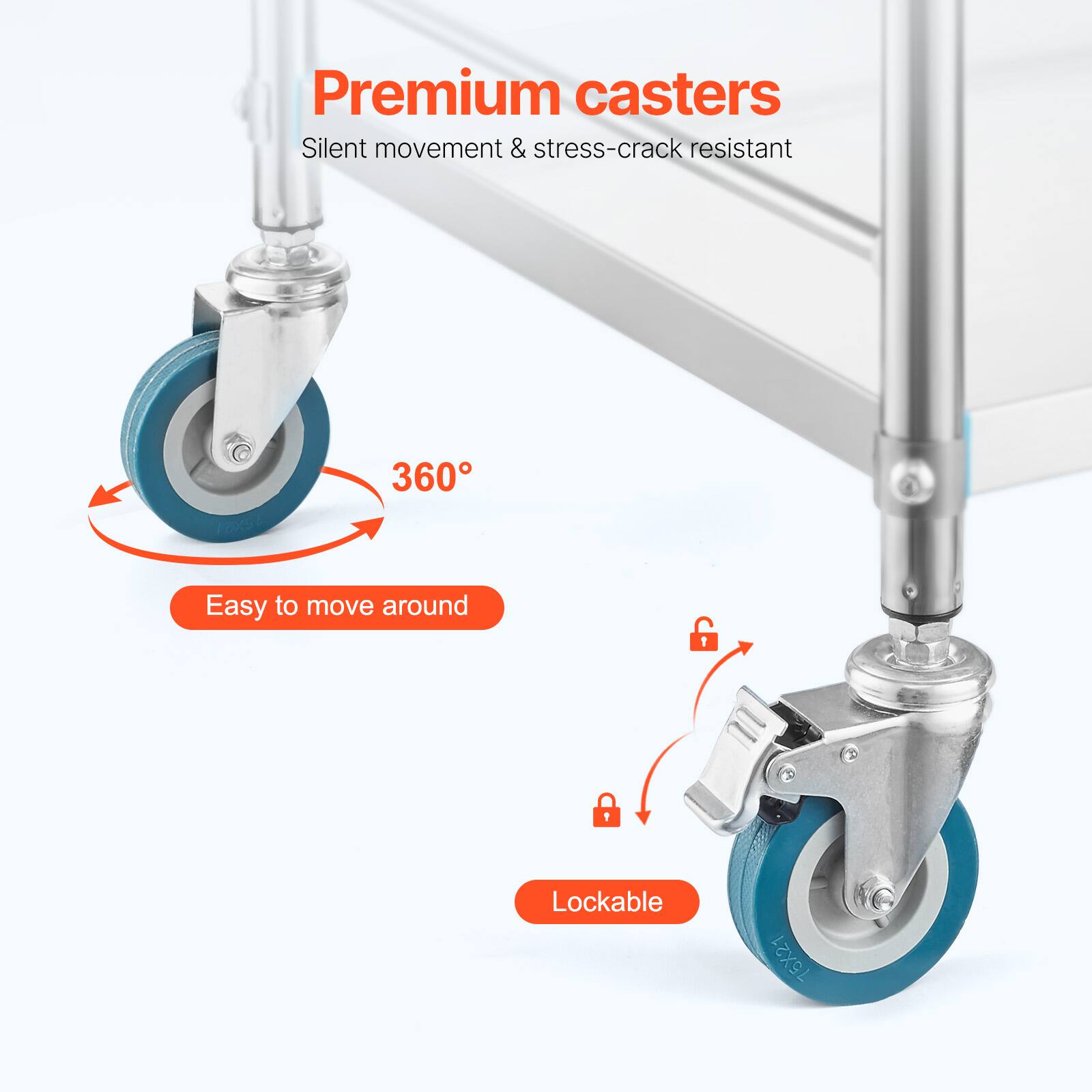 Premium casters, Silent movement & stress-crack resistant, 360°, Easy to move around, Lockable, 75X21
