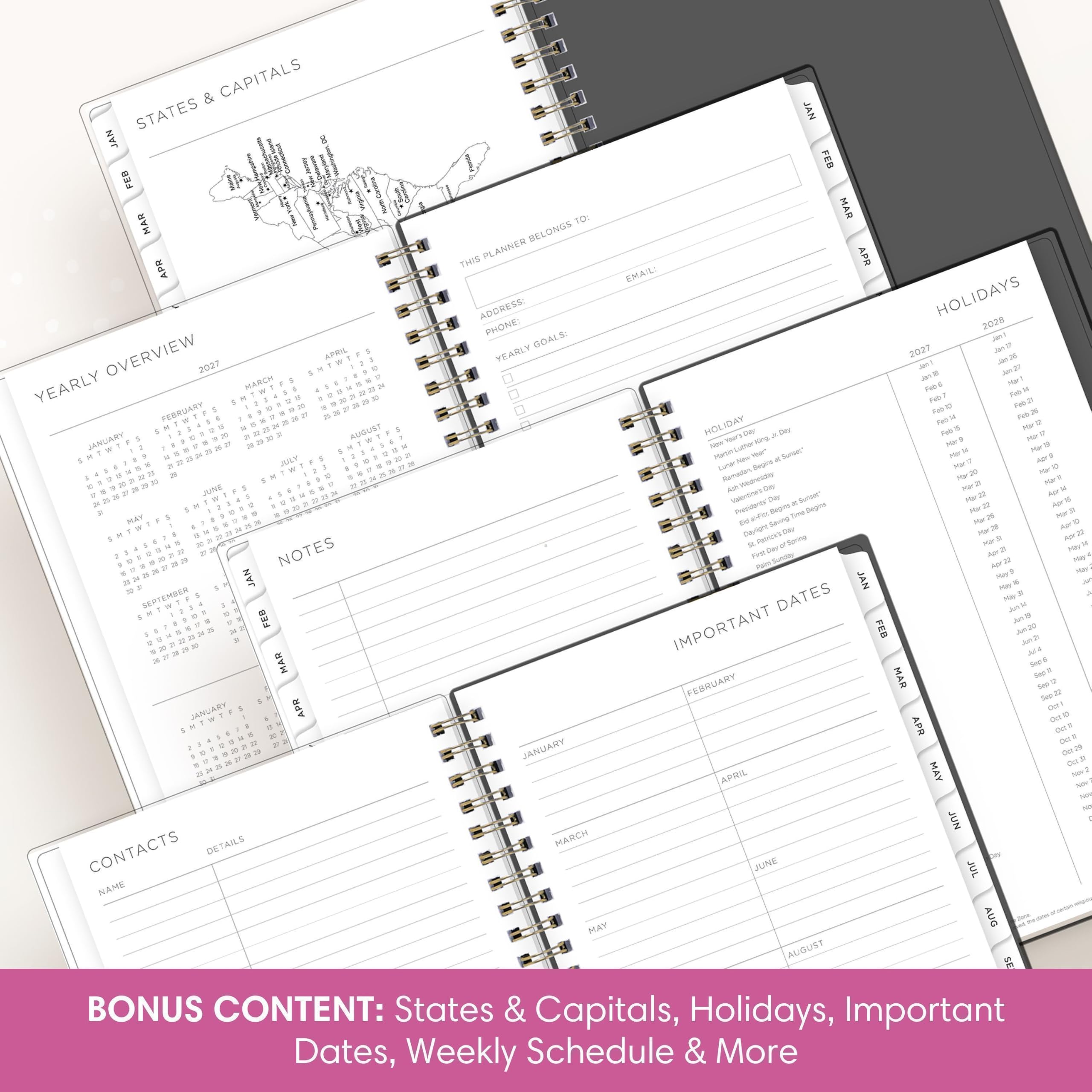 & CAPITALS STATES JAN JAN FEB FEB MAR TO: MAR BELONGS THIS PLANNER APR APR EMAIL: ADDRESS: PHONE: HOLIDAYS 2028 $ GOALS: 2027 OVERVIEW 2027 APRIL YEARLY Jan? MARCH 2018 YEARLY FEBRUARY ROG Feb7 ReN AUGUST IDAY Day JANUARY Apr NOT JULY Surses JUNE Surger* **************** x Begins Begine MY MAY to NOTES Yes JAN JAN SHTWTFS FEB DATES MAR IMPORTANT FEB FEBRUARY MAR JANUARY APR 0 $ 5 1 3 APR Get 0g # If  JANUARY 9 c 20 Oct 29 o Od P APRIL MAY Nor? ADY NP JUN DETAILS MARCH CONTACTS JUNE JUL NAME MAY AUG AUGUST SE BONUS CONTENT: States & Capitals, Holidays, Important Dates, Weekly Schedule & More