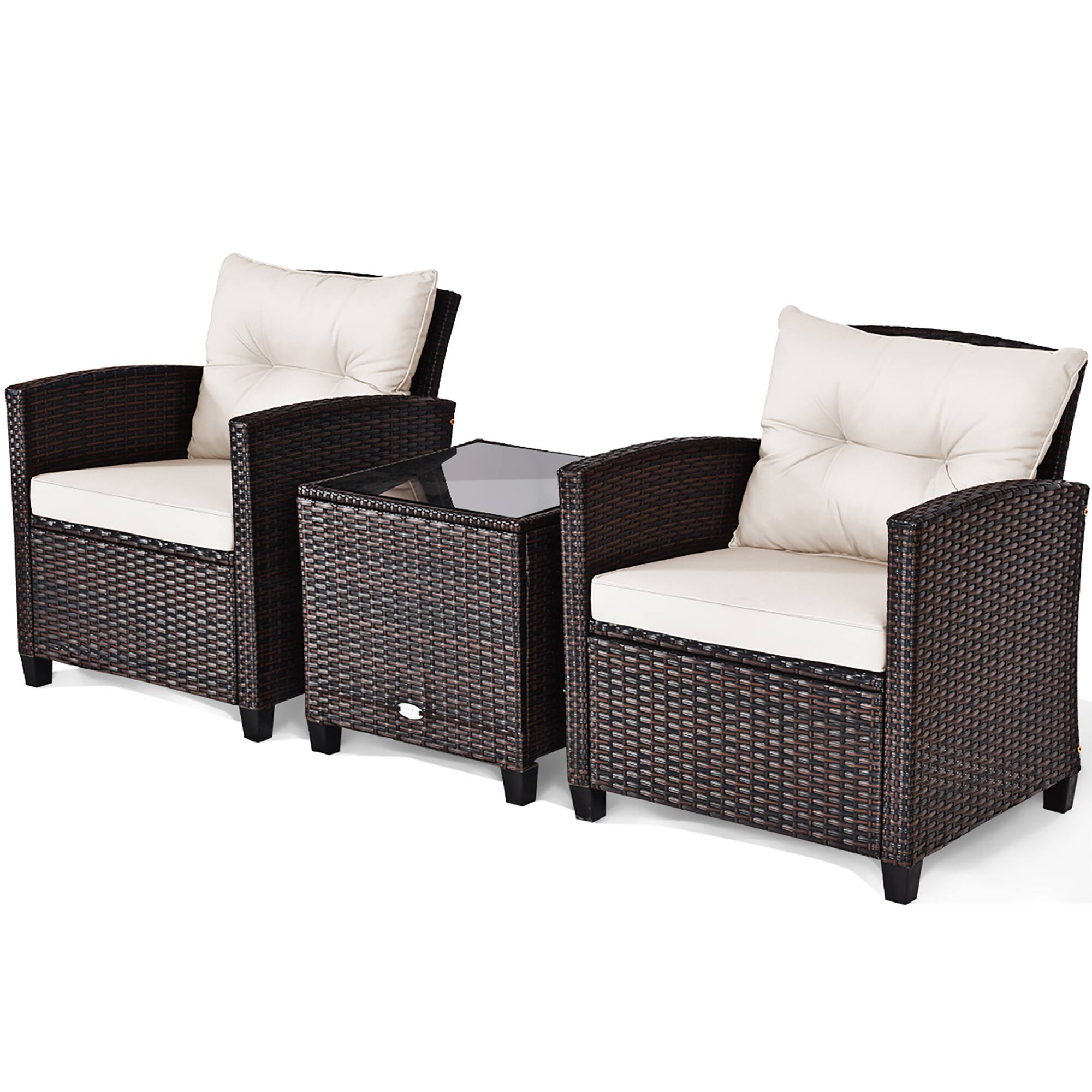 Left. Costway - 3PCS Patio Rattan Furniture Set Cushioned Sofa Coffee Table Garden - Off-White.