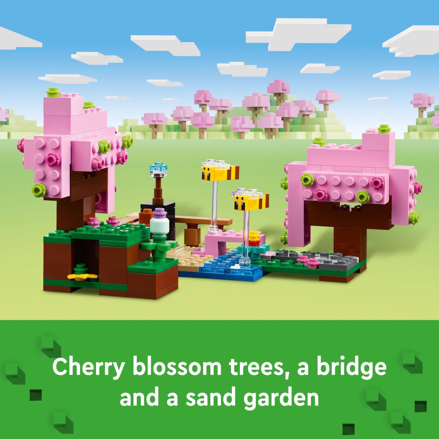 Cherry blossom trees, a bridge, and a sand garden.