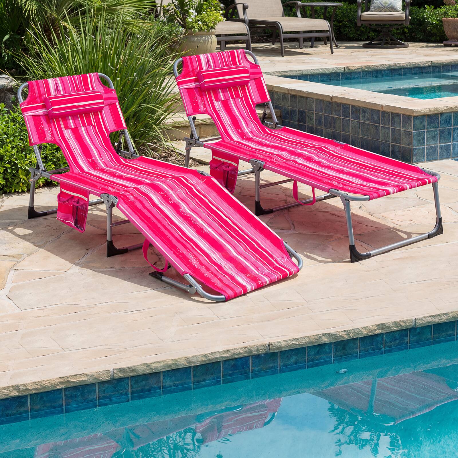 Alt View 1. Gymax - Gymax 2PCS Tanning Chair w/4-Position Adjustable Backrest Face Arm Holes & Pocket Pink Stripe - Pink.