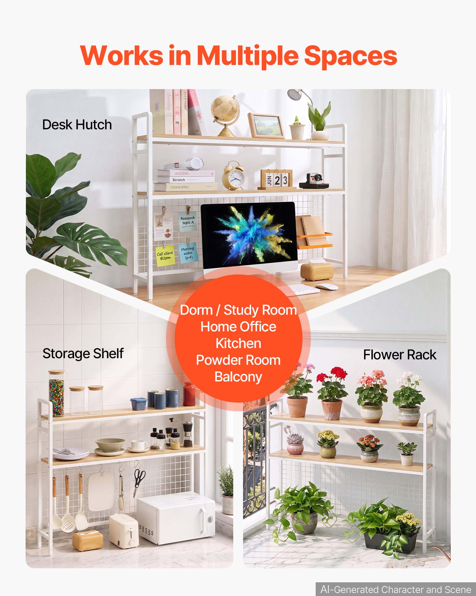 Works in Multiple Spaces

Desk Hutch

Storage Shelf

Dorm / Study Room
Home Office
Kitchen
Powder Room
Balcony

Flower Rack

AI-Generated Character and Scene