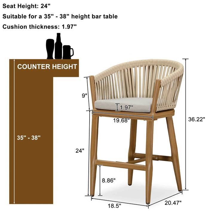 Sure, here is the corrected and grouped text:

---

**Seat Height:** 24"

**Suitable for a 35" - 38" height bar table**

**Cushion thickness:** 1.97"

---

**Counter Height:**

- 35" - 38"

---

**Dimensions:**

- Seat Height: 24"
- Cushion Thickness: 1.97"
- Overall Height: 36.22"
- Width: 19.68"
- Depth: 20.47"
- Seat Depth: 18.5"
- Seat Width: 8.86"
- Back Height: 9"

---