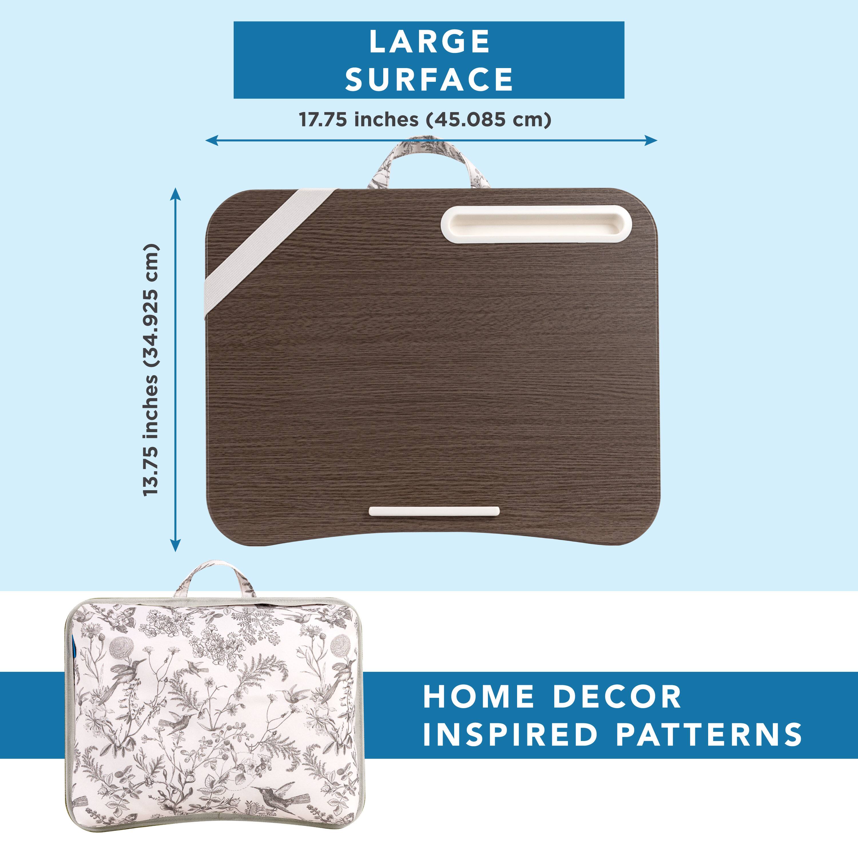 The image features a large surface, which measures 17.75 inches (45.085 cm) in size. The surface is accompanied by a handbag, which is placed on top of it. The handbag is designed with home decor inspired patterns, adding a touch of style and elegance to the overall presentation.