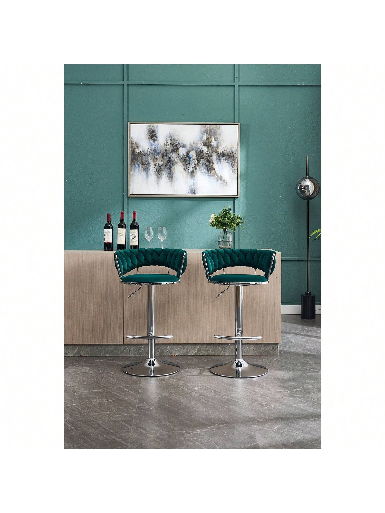 Back. Trinkets Crazed - Velvet Bar Stools Set Of 2, Modern Swivel Barstools With Woven Backrest, Adjustable Counter Stools - Green.