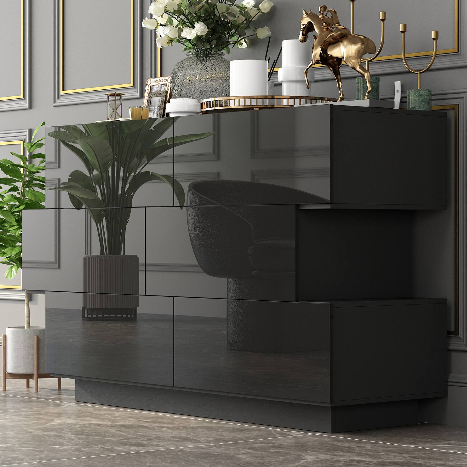 Alt View 9. Famapy - Famapy High - Gloss Storage Cabinet: Elevate Spaces with Sleek Sophistication - Black.