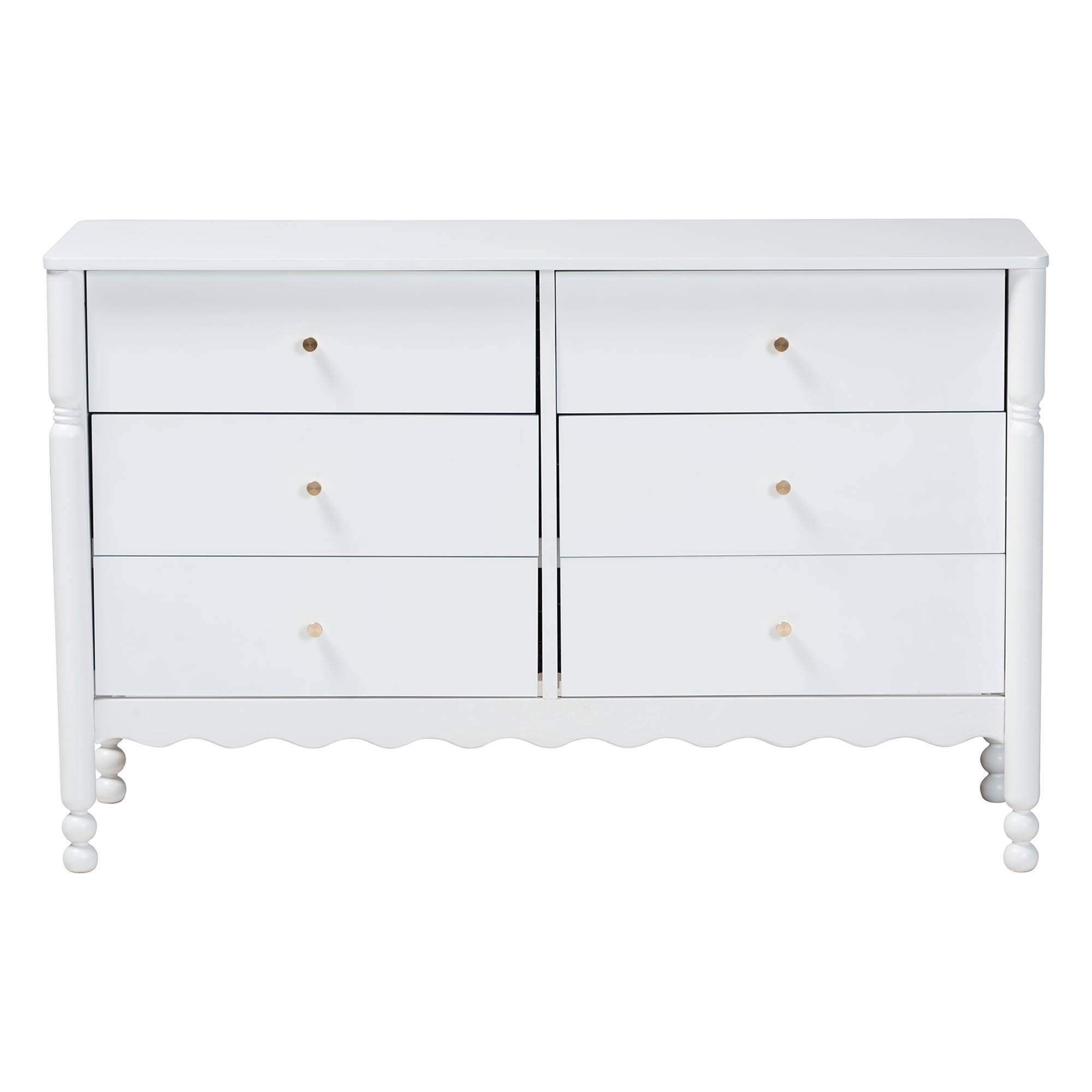 Back. Baxton Studio - Hoffman Dresser - 6-Drawer Horizontal Storage Cabinet with Scalloped Apron and Turned Legs for Bedroom - White.