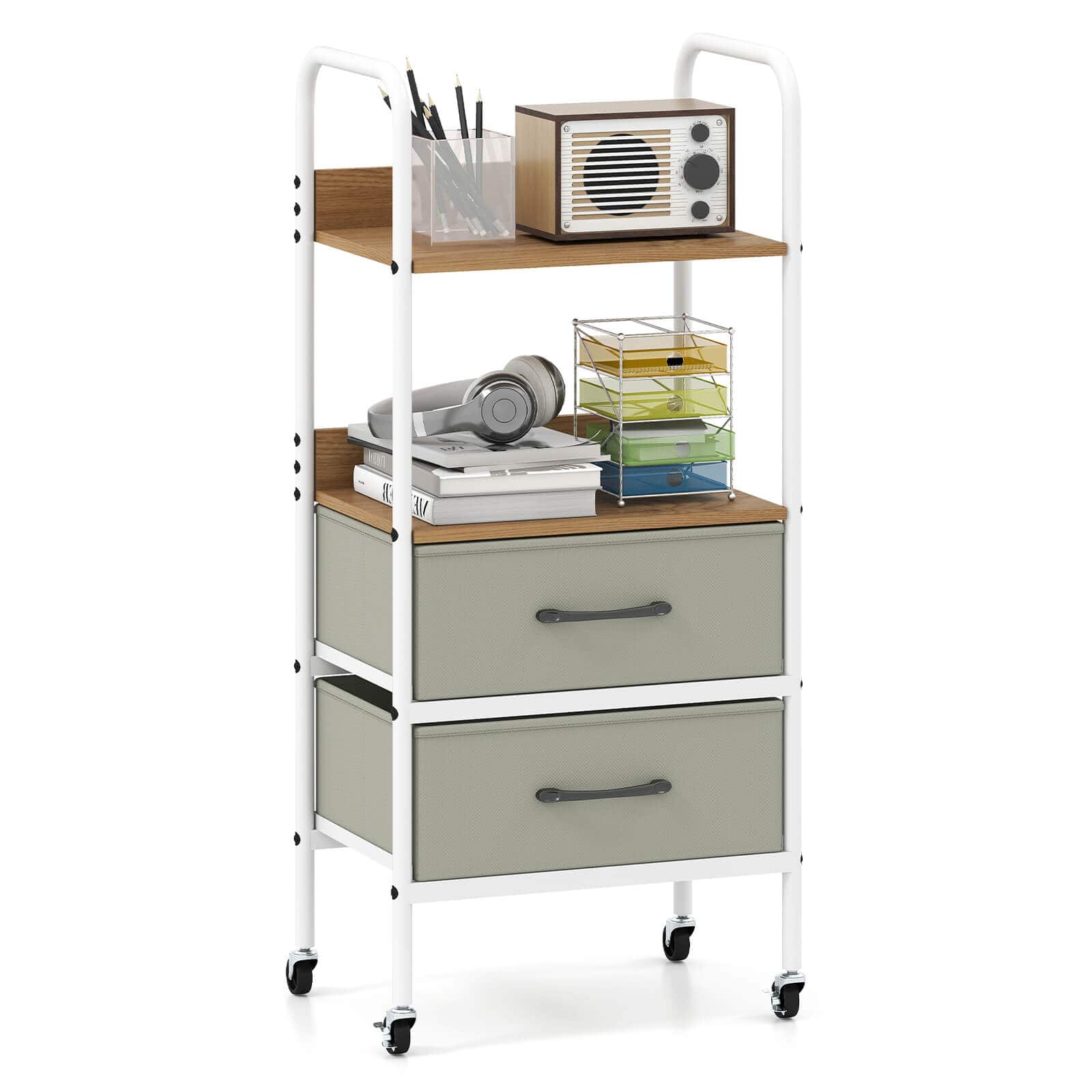 Costway - 1 PCS Rolling Utility Storage Cart with 2 Open Shelves and 2 Fabric Drawers for Bedroom - Multicolour