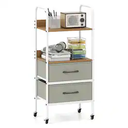 Costway - 1 PCS Rolling Utility Storage Cart with 2 Open Shelves and 2 Fabric Drawers for Bedroom - Multicolour