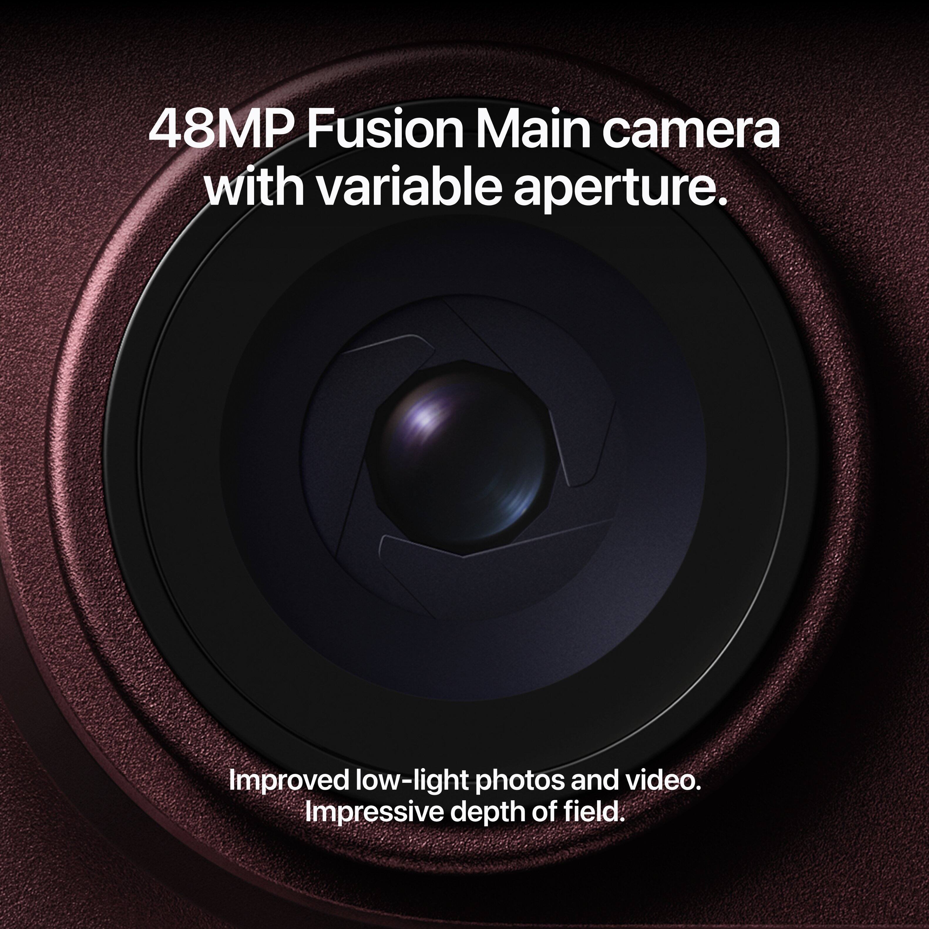 48MP Fusion Main camera with variable aperture.  
Improved low-light photos and video.  
Impressive depth of field.