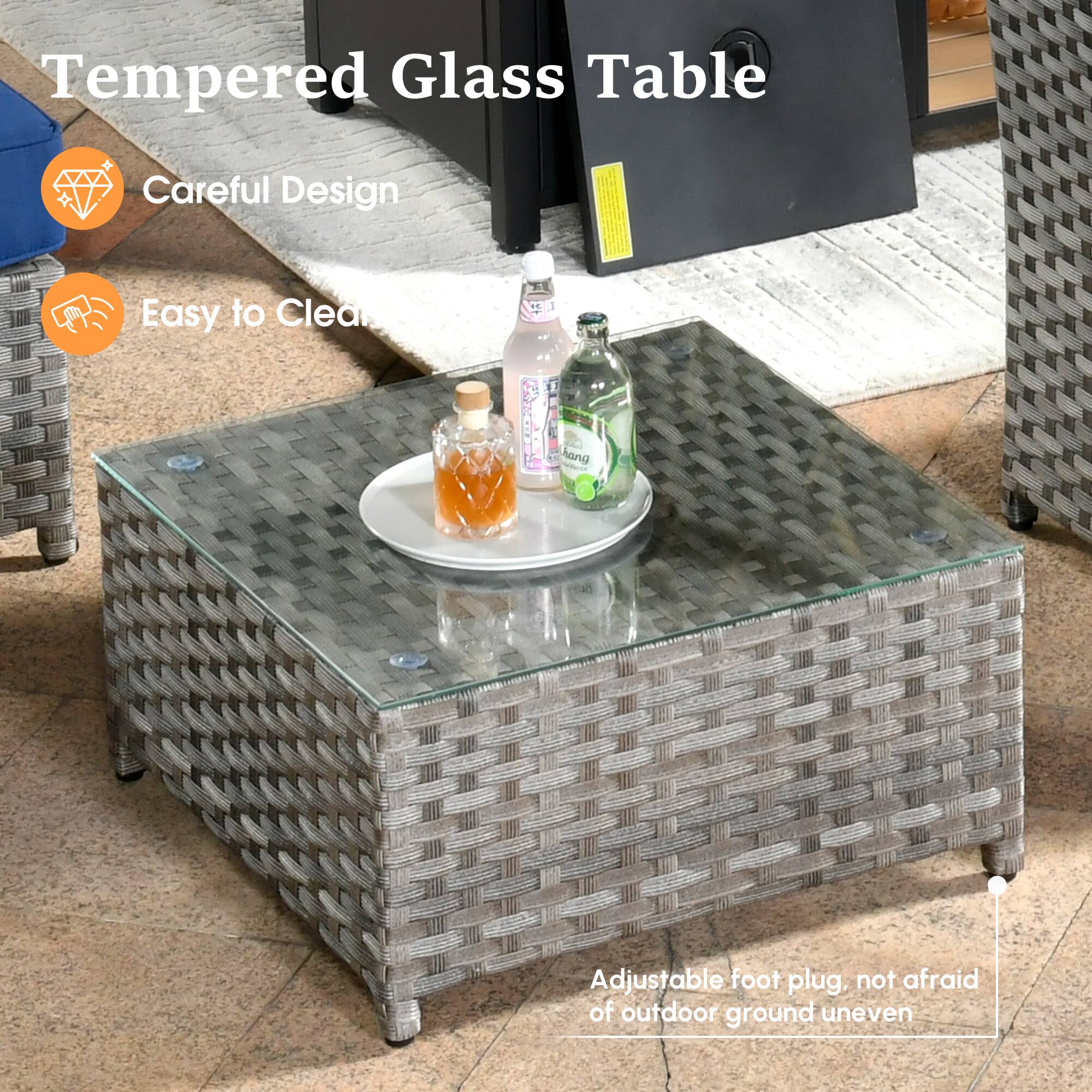 Tempered Glass Table

- Careful Design
- Easy to Clean

Adjustable foot plug, not afraid of outdoor ground uneven