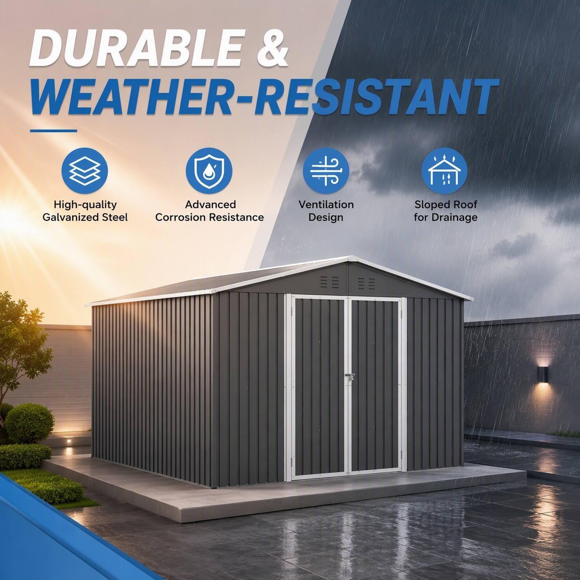 DURABLE & WEATHER-RESISTANT

- High-quality Galvanized Steel
- Advanced Corrosion Resistance
- Ventilation Design
- Sloped Roof for Drainage