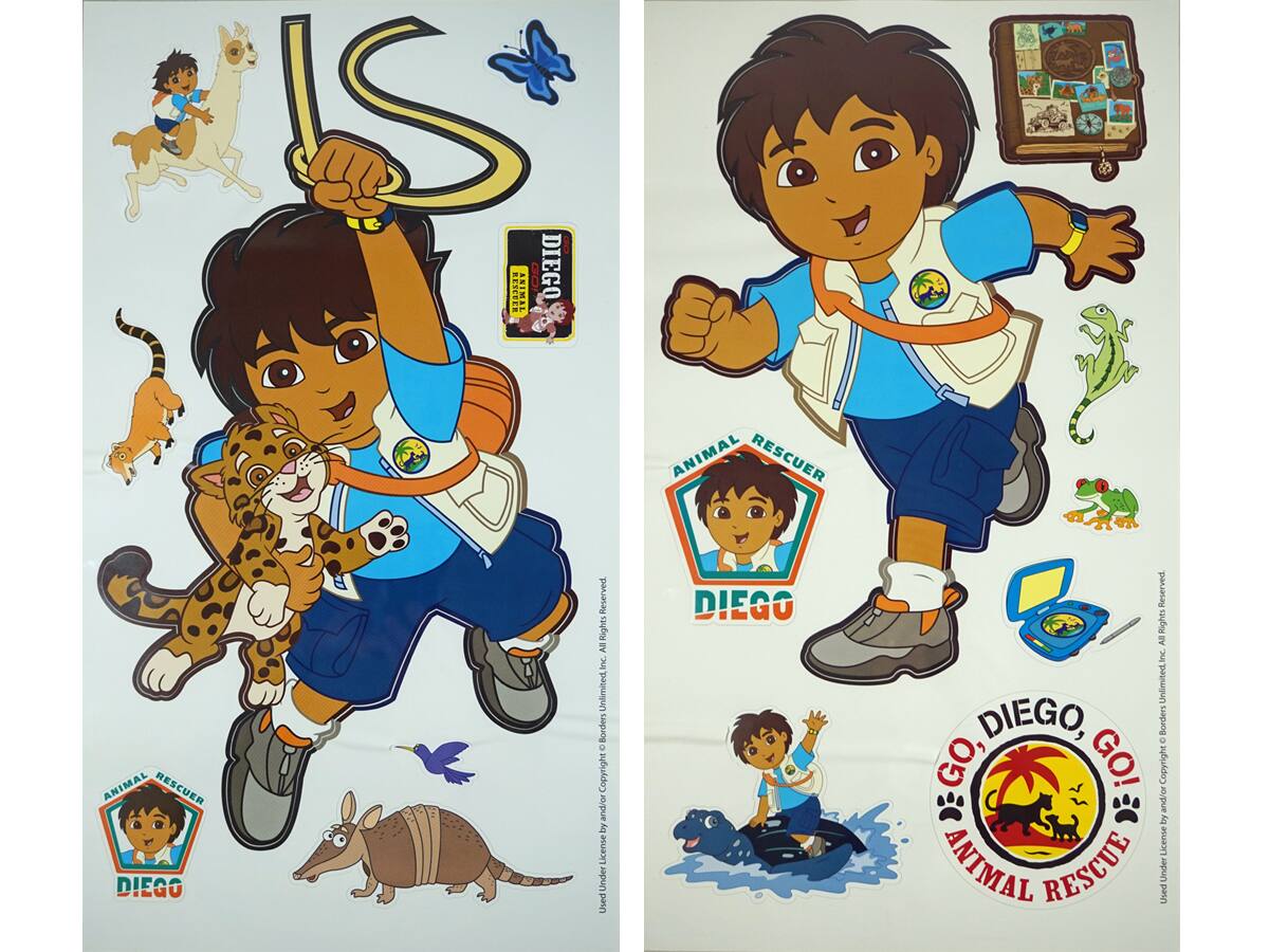 Sure, here is the corrected and grouped text from the image:

---

**Left Side:**

- "DIEGO"
- "ANIMAL RESCUE"
- "DIEGO"
- "ANIMAL RESCUE"
- "DIEGO"
- "DIEGO, GO! ANIMAL RESCUE"

**Right Side:**

- "DIEGO"
- "ANIMAL RESCUE"
- "DIEGO"
- "DIEGO, GO! ANIMAL RESCUE"
- "Used Under License by Copyright Unlimited Inc. All Rights Reserved."

---

This text is associated with the "Diego" character and the "Animal Rescue" theme.