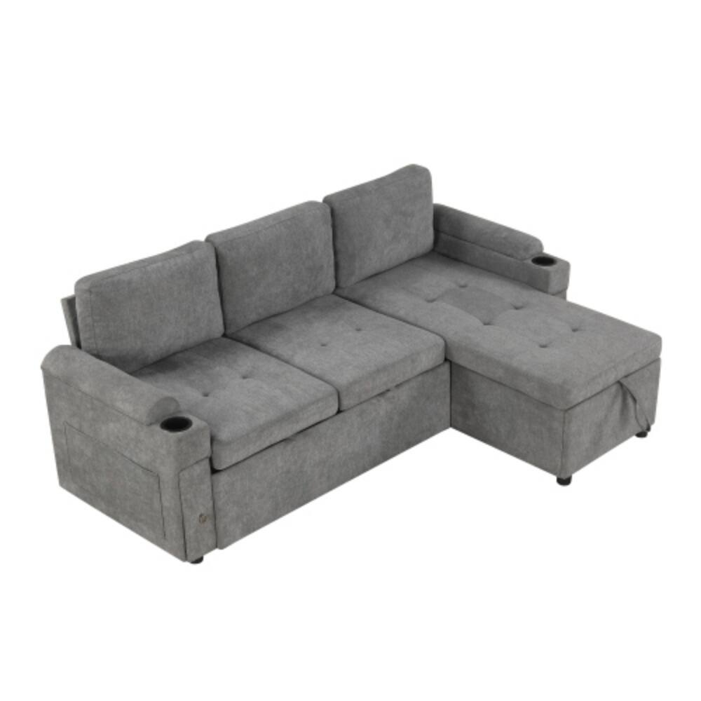 Alt View 7. LUCKY ONE - 83.5" L-Shaped Convertible Sofa Bed w/ Storage Cup Holders USB Ports Chaise - Gray.