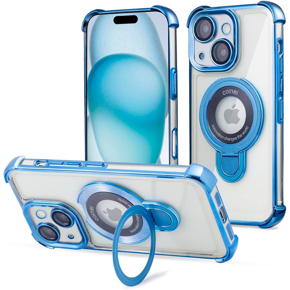 Entronix - Magnetic Case for iPhone 15 - Clear Back with Luxury Glossy Gripstand - Blue
