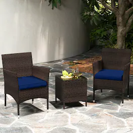Costway - 3 PCS Outdoor Conversation Set with Cushioned Seat & Tempered Glass Tabletop - Navy