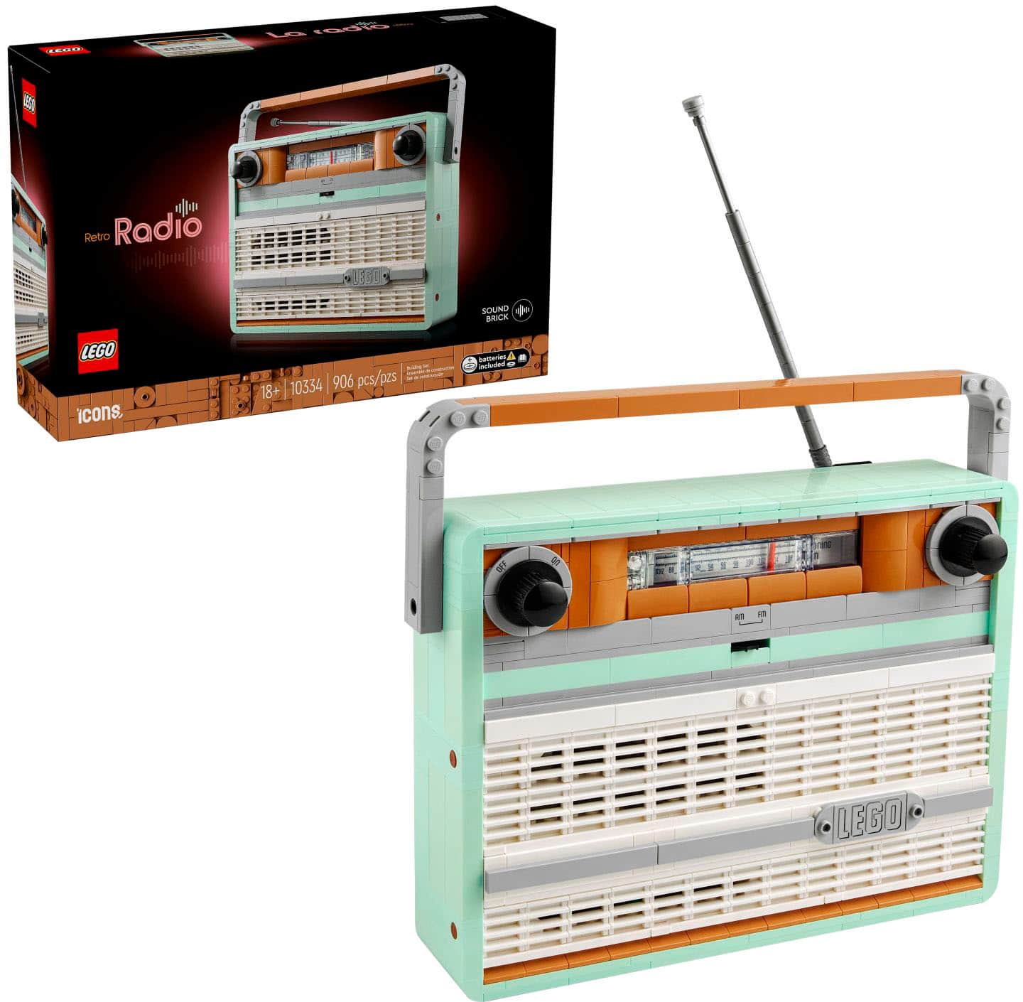 The image features a retro radio made out of Lego bricks. The radio is blue and white in color and has a box that reads "Retro Radio." The radio is displayed next to a box of Lego bricks, which is also blue and white. The radio is designed to be a fun and creative project for Lego enthusiasts.