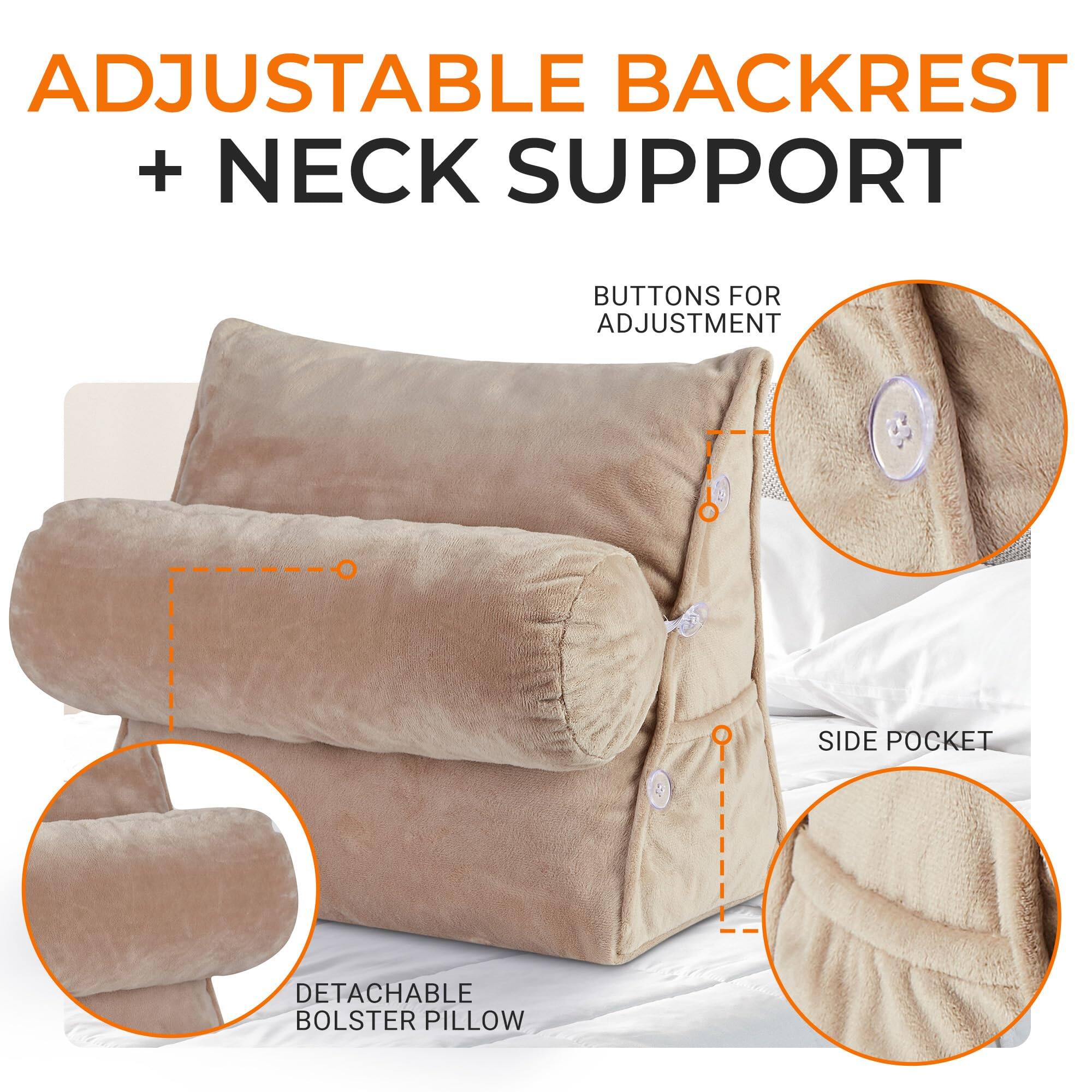 ADJUSTABLE BACKREST + NECK SUPPORT  
BUTTONS FOR ADJUSTMENT  
DETACHABLE BOLSTER PILLOW  
SIDE POCKET