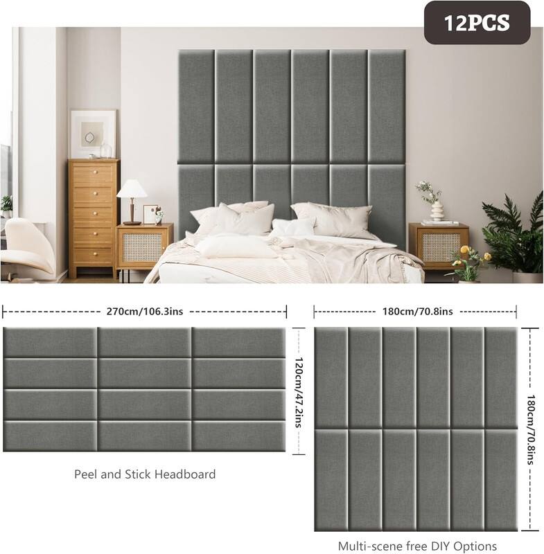 12PCS
270cm/106.3ins
180cm/70.8ins
Peel and Stick Headboard
120cm/47.2ins
180cm/70.8ins
Multi-scene free DIY Options