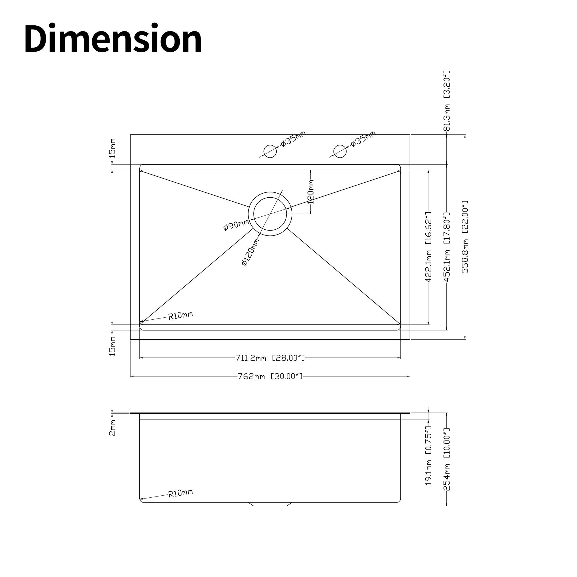 Dimension  
- 15mm  
- Ø90mm @120mm  
- 35 CJ3 35mg  
- C.29'91]  
- 422.1mm [3,20"]  
- 81.3mm [17.80"]  
- 452.1mm [2200"]  
- 558.8mm  
- 15mm  
- R10mm  
- 711.2mm [28.00"]  
- 762mm [30.00"]  
- SWW-L  
- R10mm  
- C0.75)  
- 19.1mm L10.00)  
- 254mm  

- 15mm  
- Ø90mm  
- 120mm  
- 235mm  
- 81.3mm [13.20"]  
- 422.1mm [16.627"]  
- 452.1mm [17.801"]  
- 55