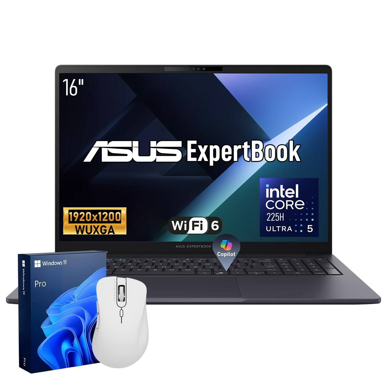 16"  
ASUS ExpertBook  
Intel Core 225H ULTRA 5  
1920x1200 WUXGA  
Wi-Fi 6  
Windows 11 Pro  
ASUS ExpertBook Copilot