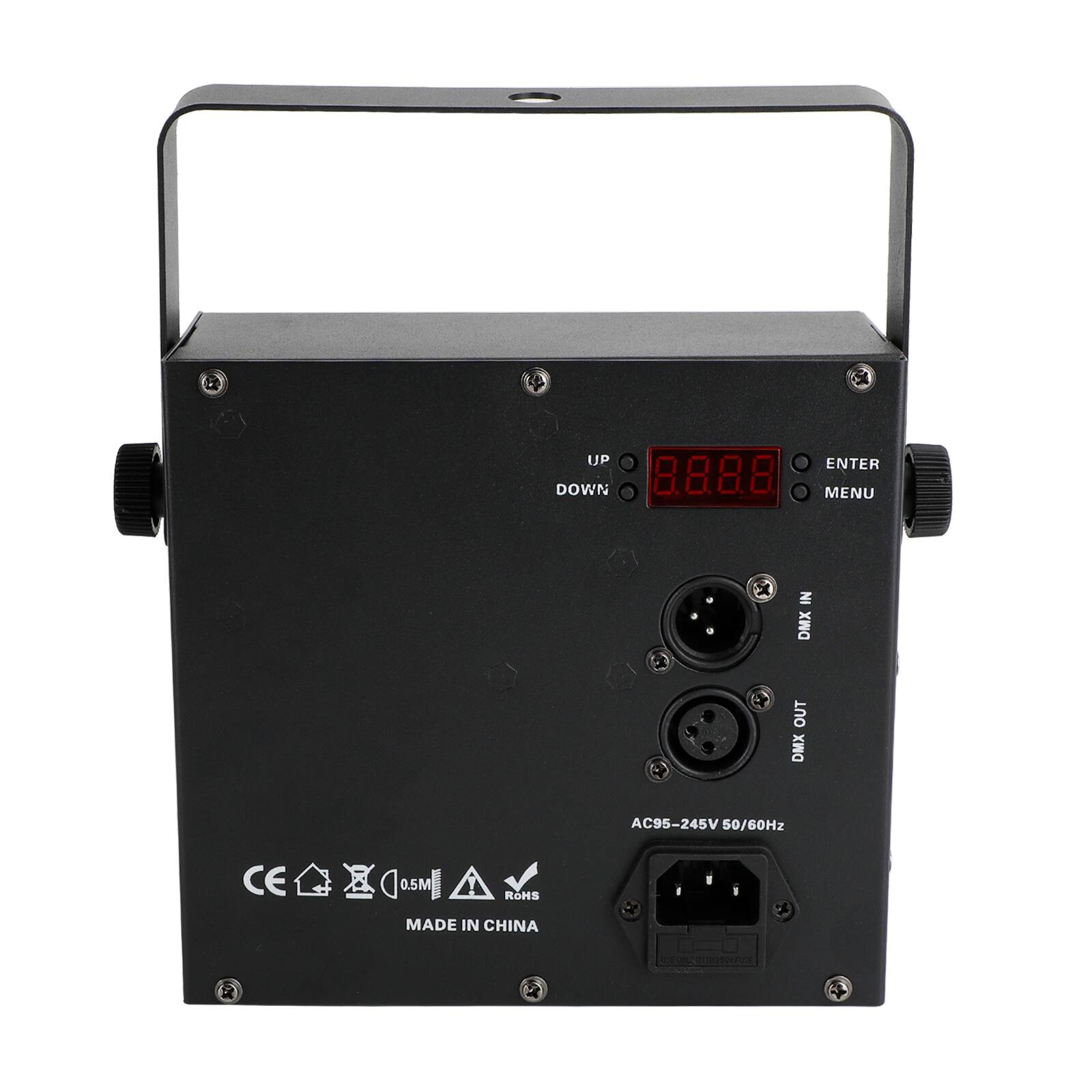 UP  
ENTER  
DOWN  
MENU  
IN DMX OUT DMX  
CE  
0.5M .......... ! ROHS MADE IN CHINA  
AC95-245V 50/60Hz  
300 @MULIVOSOV.RUSE