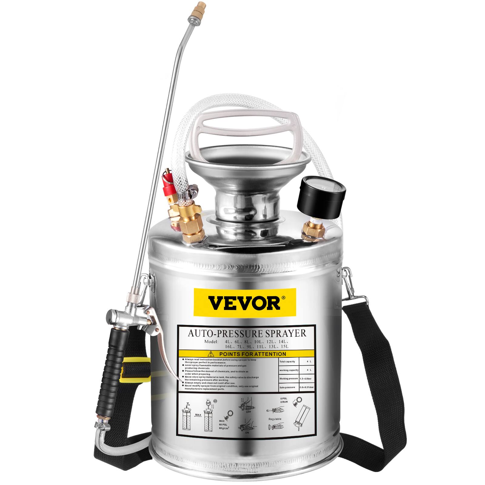 VEVOR AUTO-PRESSURE SPRAYER  
Model: 16L, 7L, 11L, 15L  

POINTS FOR ATTENTION  
- Keep the tank and all parts clean and dry.  
- Do not use the sprayer with flammable liquids.  
- Do not use the sprayer with corrosive liquids.  
- Do not use the sprayer with liquids that can damage the sprayer.  
- Do not use the sprayer with liquids that can damage the environment.  
- Do not use the sprayer with liquids that can damage the user.  
- Do not use the sprayer with liquids that can damage the user's health.  
- Do not use the sprayer with liquids that can damage the user's skin.  
- Do not use the sprayer with liquids that can damage the user's eyes.  
- Do not use the sprayer with liquids that can damage the user's respiratory system.  
- Do not use the sprayer with liquids that can damage the user's lungs.  
- Do not use the sprayer with liquids that can damage the user's heart.  
- Do not use the sprayer with liquids that can damage the user's liver.  
- Do not use the spr