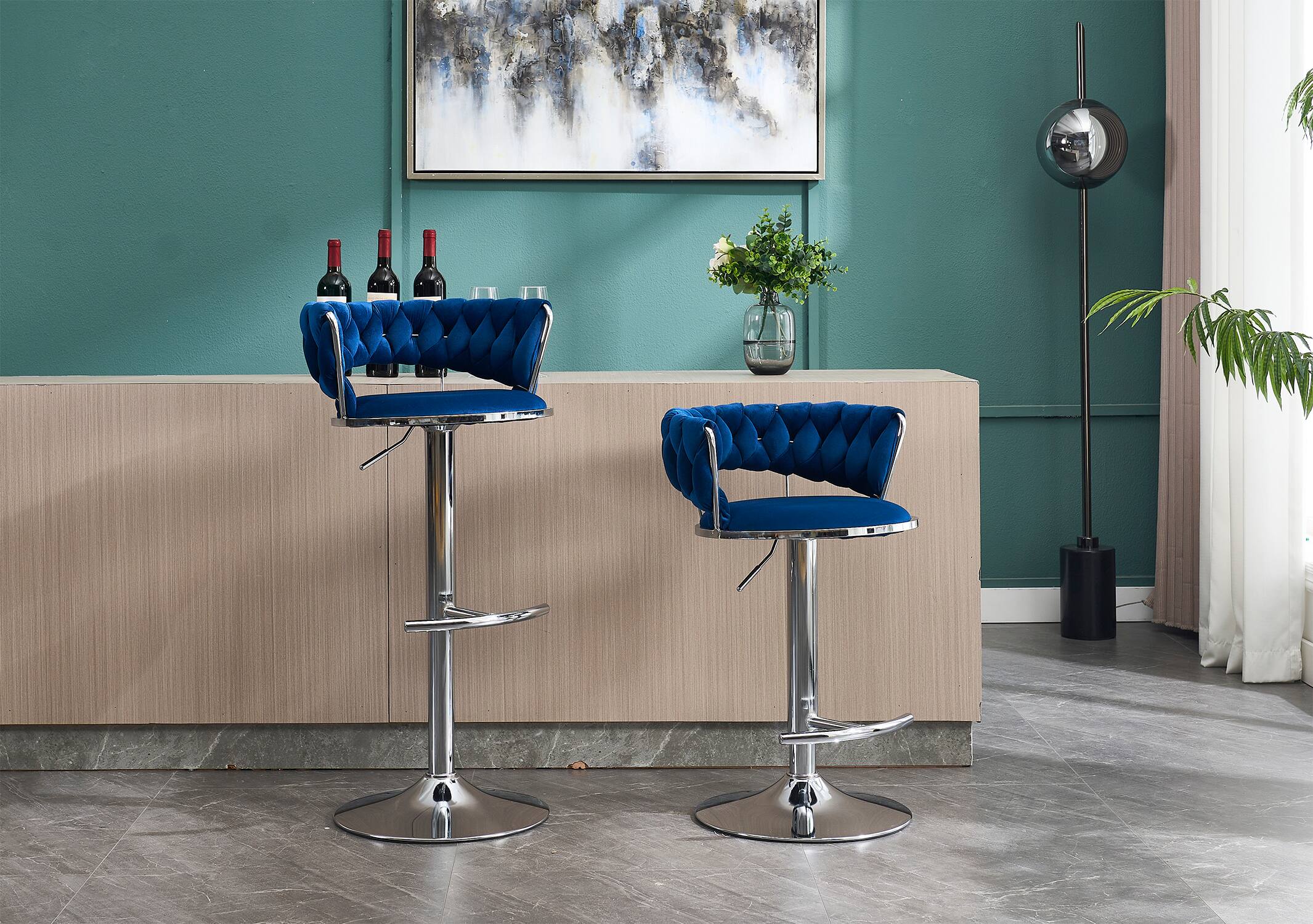 Alt View 6. SlickBlue - Modern Adjustable Bar Stools – Set of 2 Velvet Swivel Chairs with Chrome Legs - Blue.