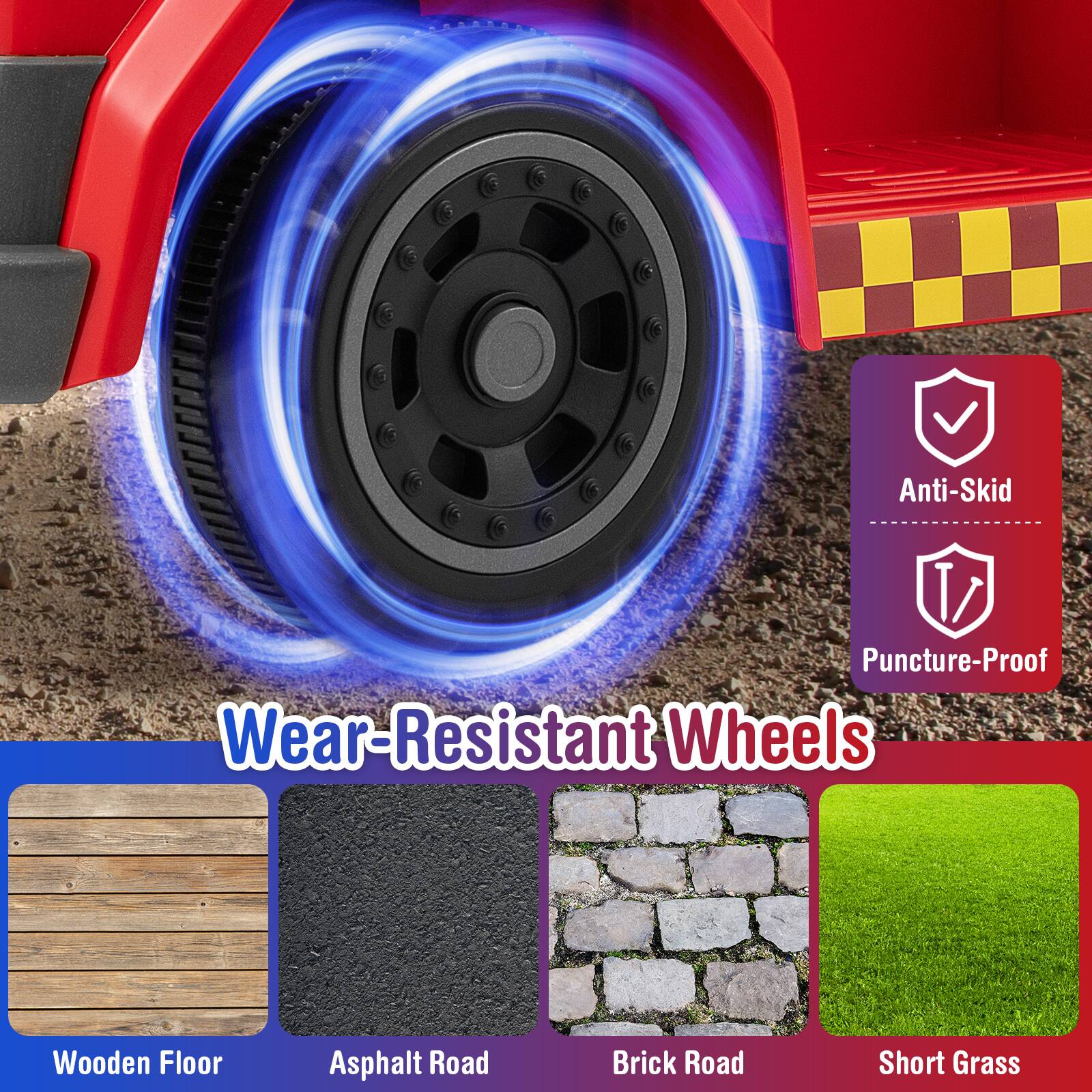Anti-Skid  
Puncture-Proof  
Wear-Resistant Wheels  

Wooden Floor  
Asphalt Road  
Brick Road  
Short Grass