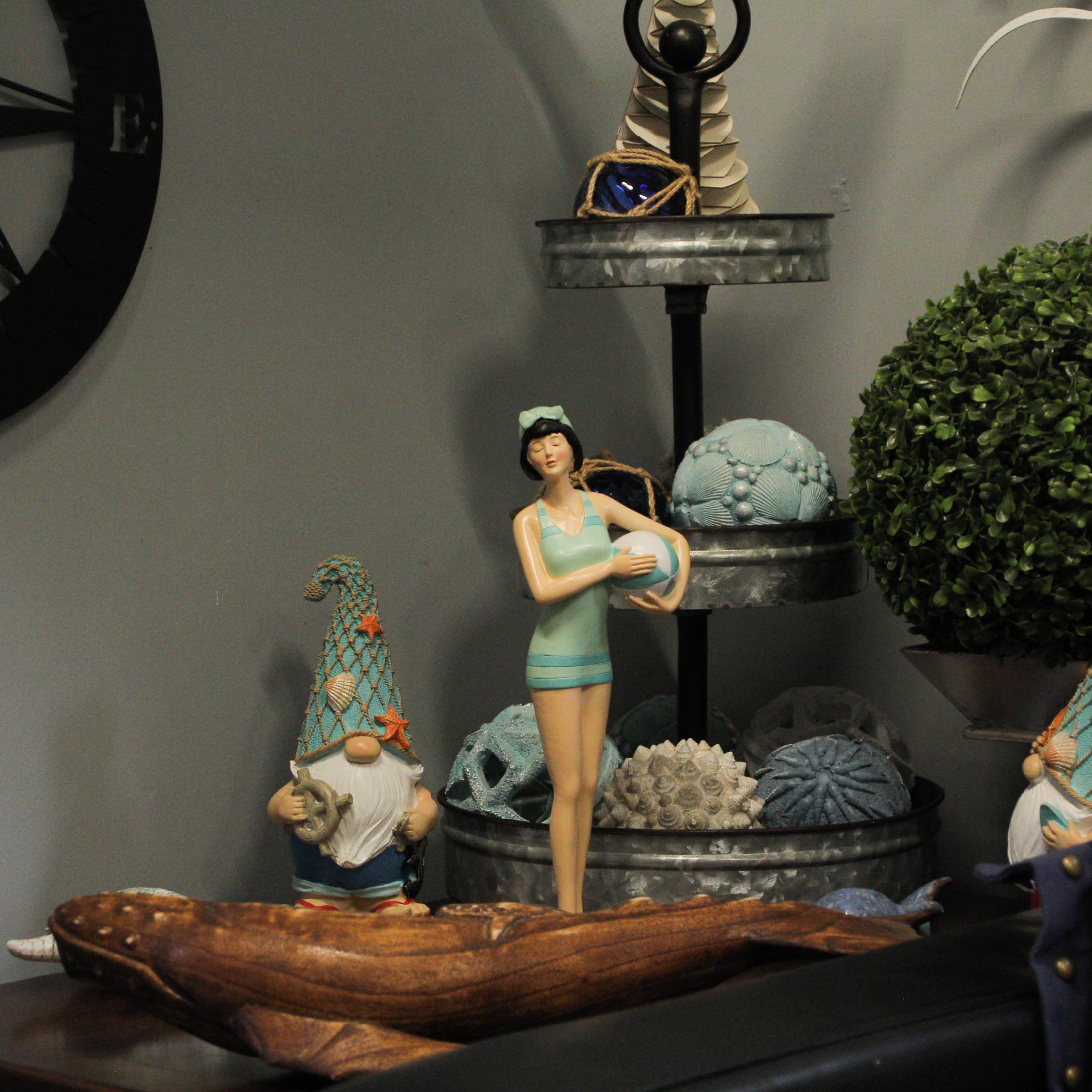 Alt View 5. Fancy That - Brunette Bathing Beauty Figurine – Hand-Painted Striped Swimsuit, Coastal Charm - Multicolored.