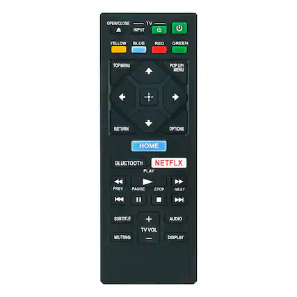 OPEN/CLOSE TV INPUT YELLOW BLUE RED GREEN TOP MENU POP UP/ MENU RETURN OPTIONS HOME BLUETOOTH NETFLIX PLAY PREV PAUSE STOP NEXT SUBTITLE + AUDIO MUTING TVVOL - DISPLAY