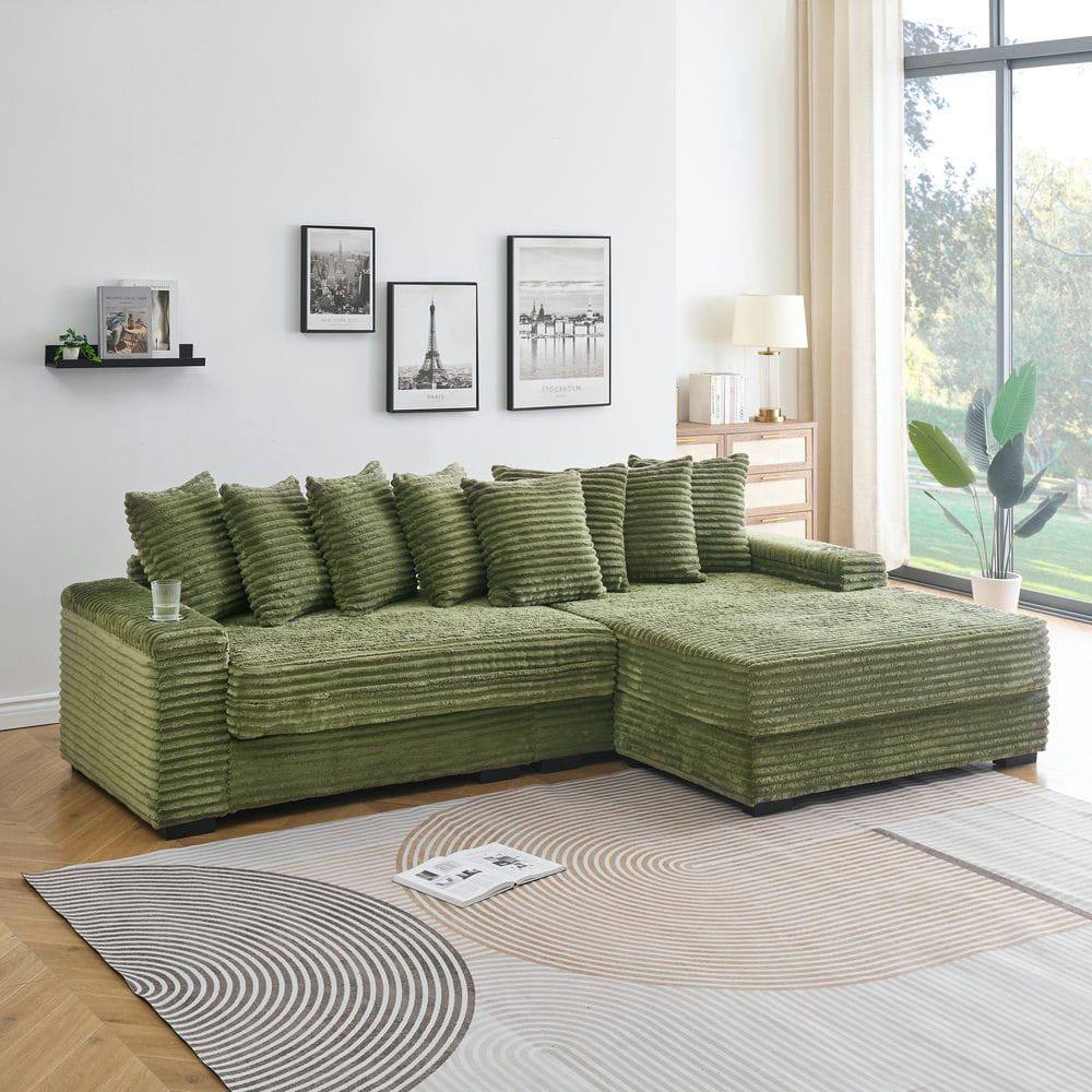 Alt View 5. Kadyn - 111.4" Reversible Chaise Sectional, Corduroy Fabric with Armrest Storage and Cup Holders, Green - Green.