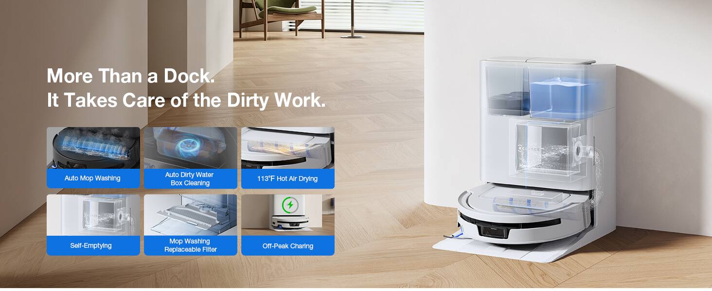 More Than a Dock. It Takes Care of the Dirty Work.

Auto Mop Washing  
Auto Dirty Water Box Cleaning  
113°F Hot Air Drying  
Self-Emptying  
Mop Washing Replaceable Filter  
Off-Peak Charging