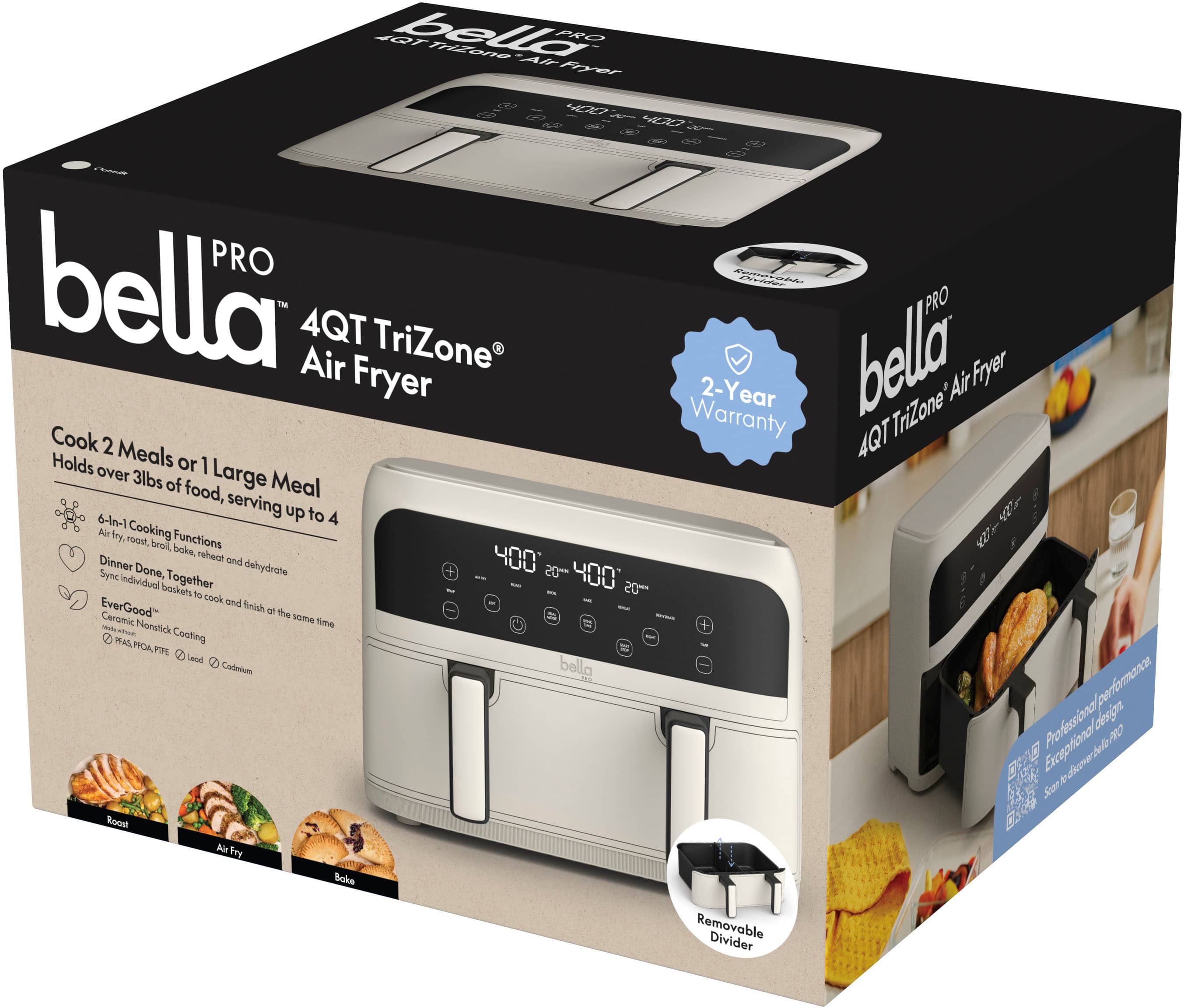 The text on the image is as follows:
"40T bello Trizone AF PRO foer 4OD 7 PRO SmO | bella 4QT Air TriZone bella PRO Fryer Fryer 2-Year ear 'Air Warranty 4QT TriZone Cook 2 Meals Holds over or 1 Large 3lbs of Meal food, serving 6-n-1 up to 4 40 Air try. roast, Cooking Functions 42 broi, boke, Dinner reheat and 400 Sync Done, dehydrate + "OS 400 Individual boukets Together OS 10 cook EverGood" and fnish o the Ceramic same = st Nanstick time - Coating PRAS MA PHE Leiad Codrium bella performance Professional ebrign ARO Exceptional ndo e Suan Roaat Alr by Boke Removable Divider"
I have grouped and corrected the text as follows:
"40T bello Trizone AF PRO 4QT 7 PRO SmO | bella 4QT Air TriZone bella PRO Fryer Fryer 2-Year ear 'Air Warranty 4QT TriZone Cook 2 Meals Holds over or 1 Large 3lbs of Meal food, serving 6-n-1 up to 4 40 Air try. roast, Cooking Functions 42 broil, boke, Dinner reheat and 400 Sync Done, dehydrate + "OS 400 Individual bouquets Together OS 10 cook EverGood" and finish o the Ceramic same = st Nanstick time - Coating PRAS MA PHE Leiad Codrium bella performance Professional ebrign ARO Exceptional ndo e Suan Roaat Alr by Boke Removable Divider"