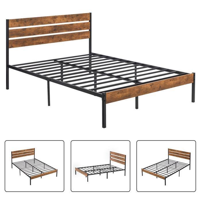 Back. Hivvago - Hivvago Full Industrial Platform Bed Frame with Wood Slatted Headboard Footboard - Rustic Brown.