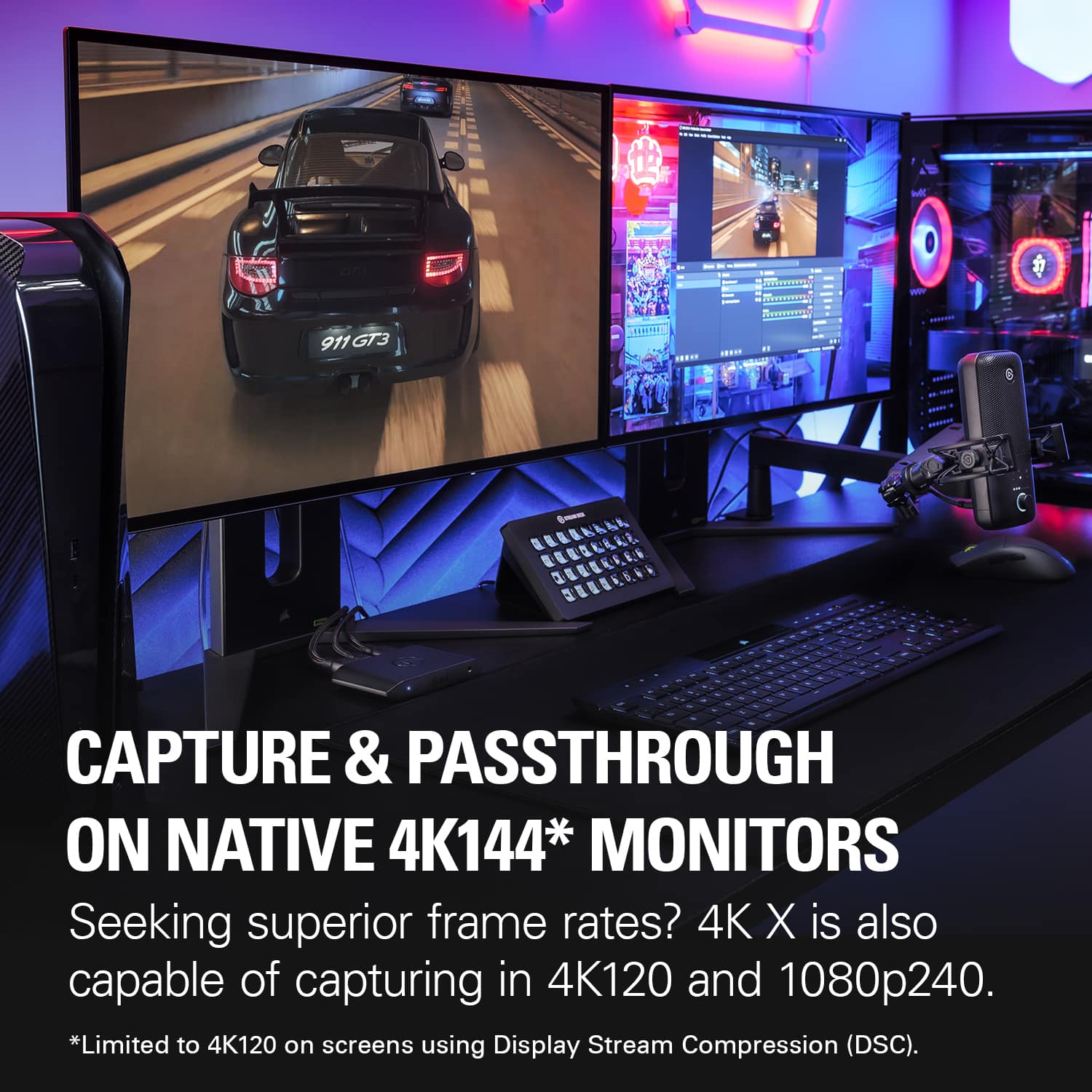 The text on the image is grouped and corrected as follows:
"Capture & Passthrough on Native 4K144* Monitors
Seeking superior frame rates? 4K X is also capable of capturing in 4K120 and 1080p240.
*Limited to 4K120 on screens using Display Stream Compression (DSC)."