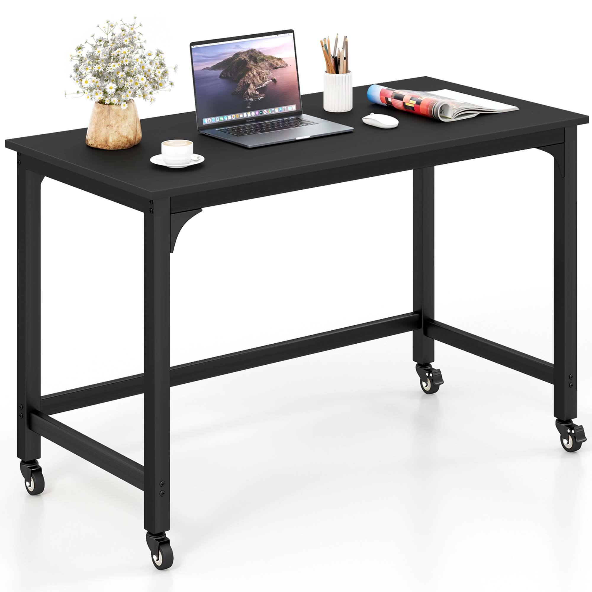 Costway - Metal Framed Computer Desk with Wood Tabletop - Black