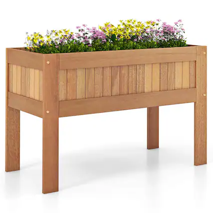 Front. Costway - Wooden Elevated Planter Box with Solid Wood Frame & Sturdy Legs Slatted Bottom - Brown.
