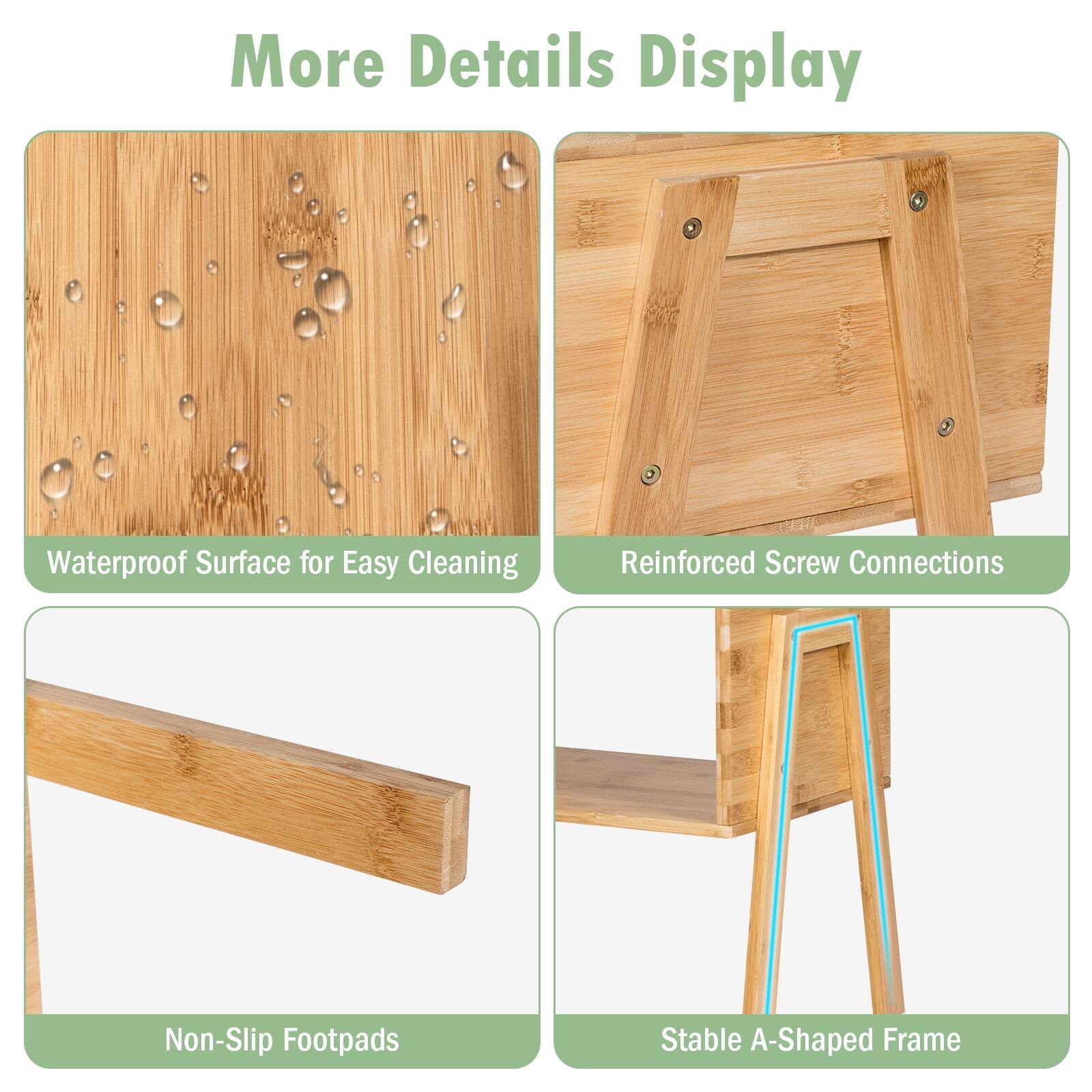 More Details Display
Waterproof Surface for Easy Cleaning
Reinforced Screw Connections
Non-Slip Footpads
Stable A-Shaped Frame