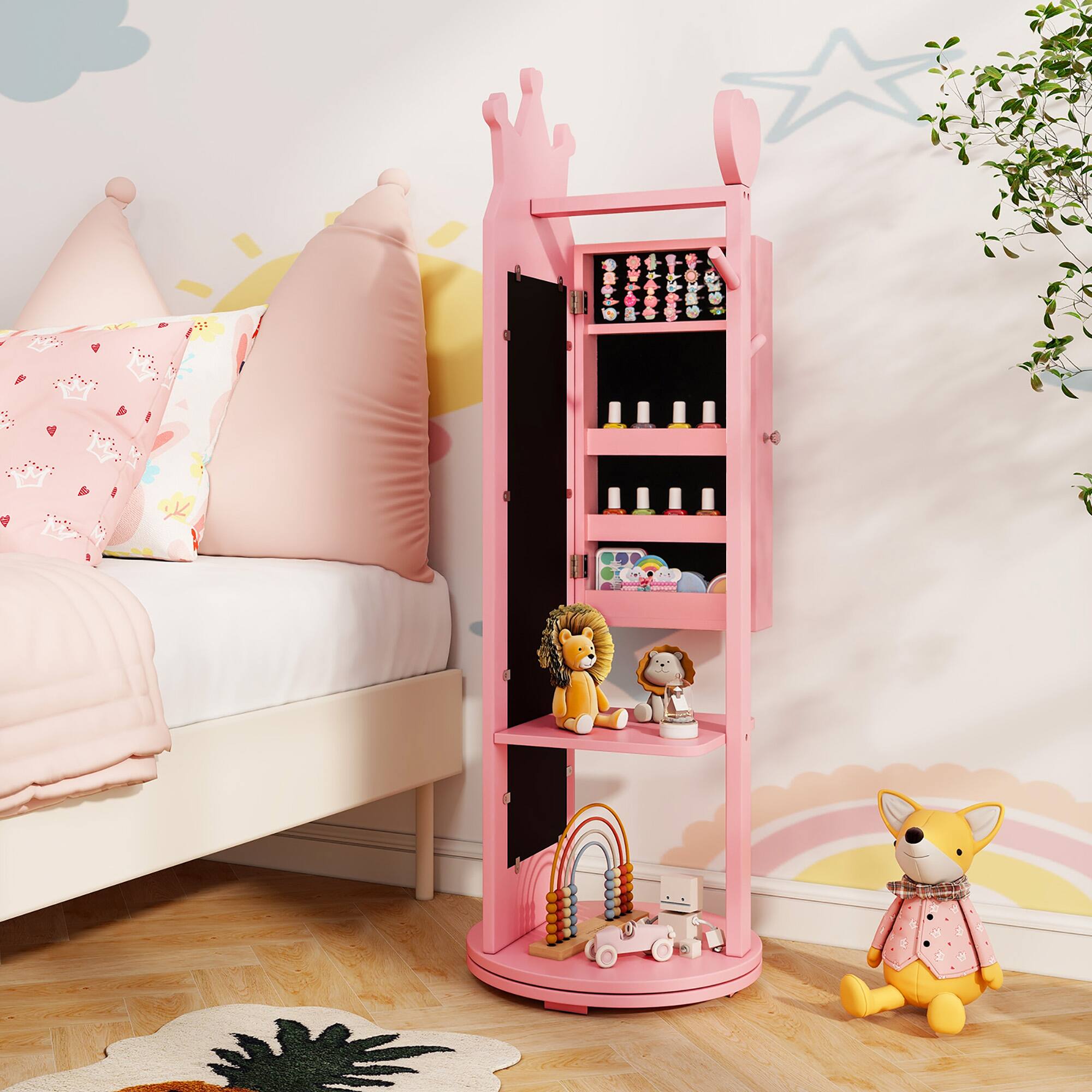 Alt View 1. Gymax - Gymax Kids Jewelry Cabinet Standing Children Jewelry Organizer w/ Full-Length Mirror Pink - Pink.